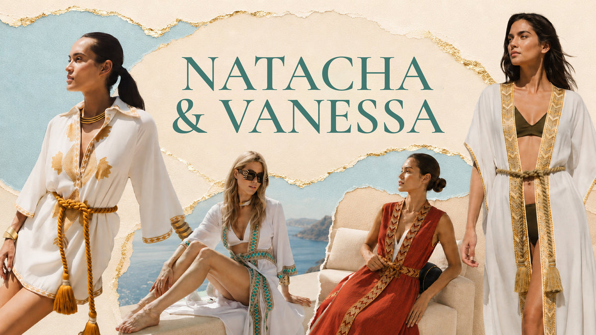Natacha & Vanessa resortwear collection featuring elegant embroidered kaftans and dresses in white, gold and rich sunset hues.