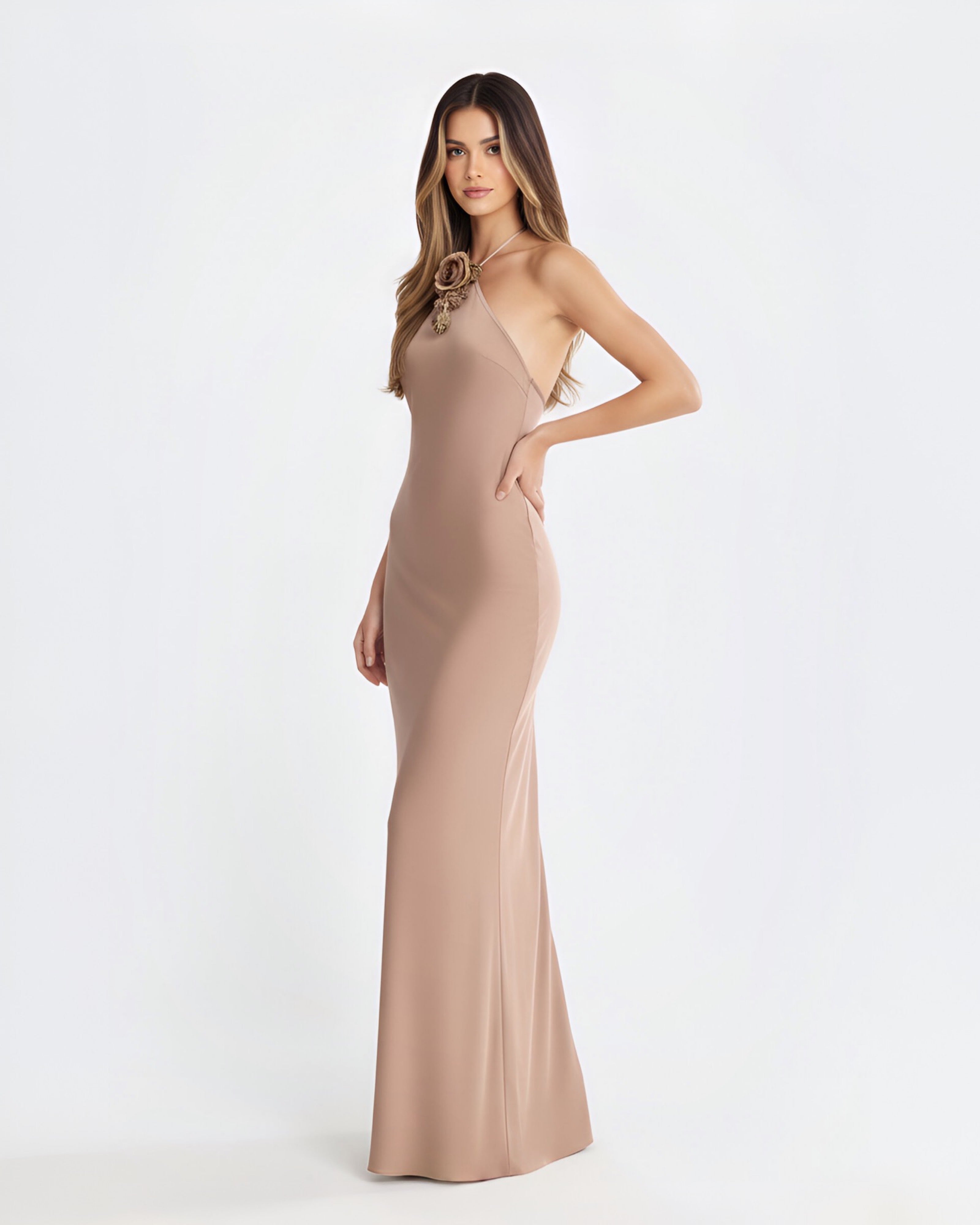 Halter Bias Slip Dress in Mocha