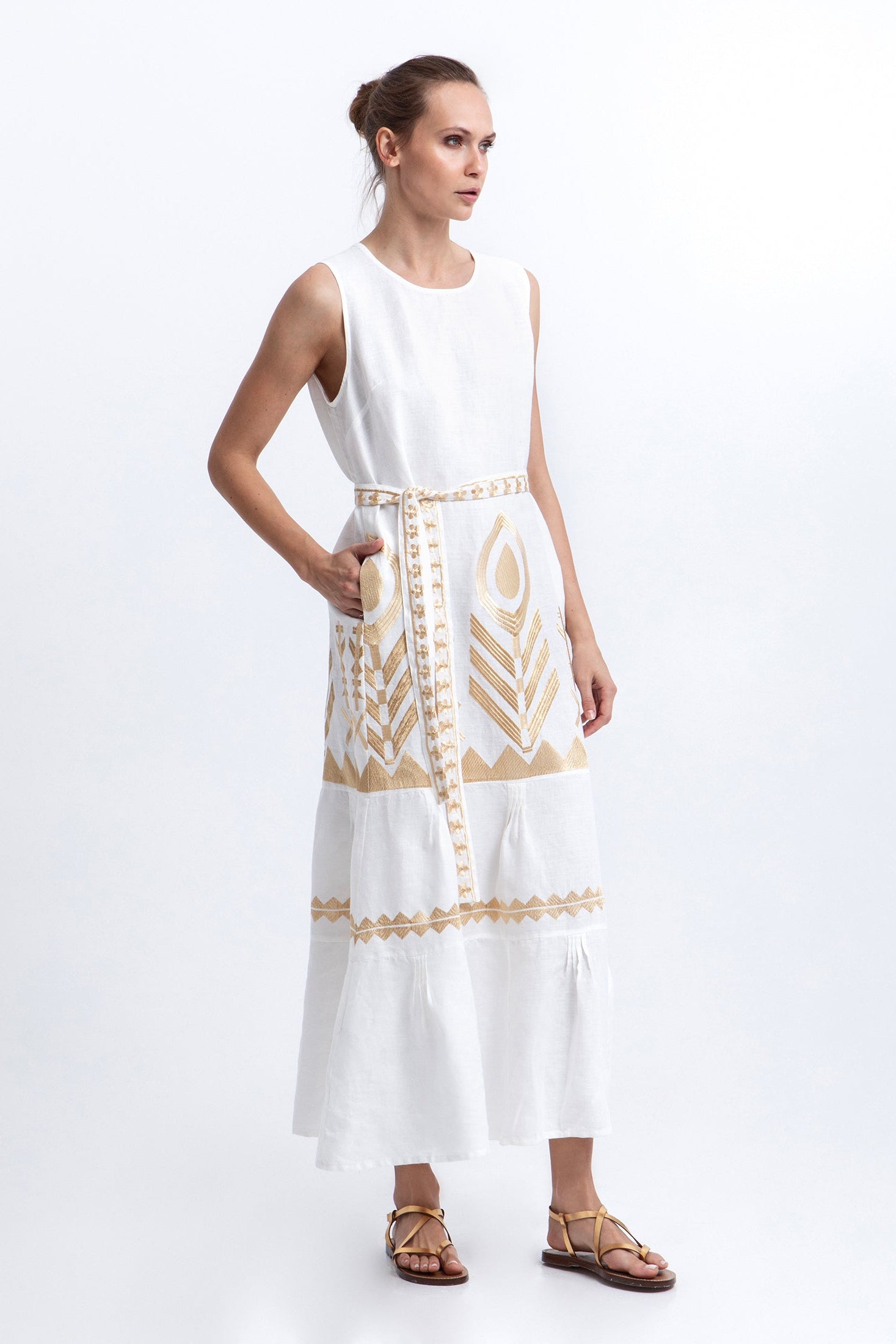 Greek Archaic Kori Feather Sleeveless Maxi Dress