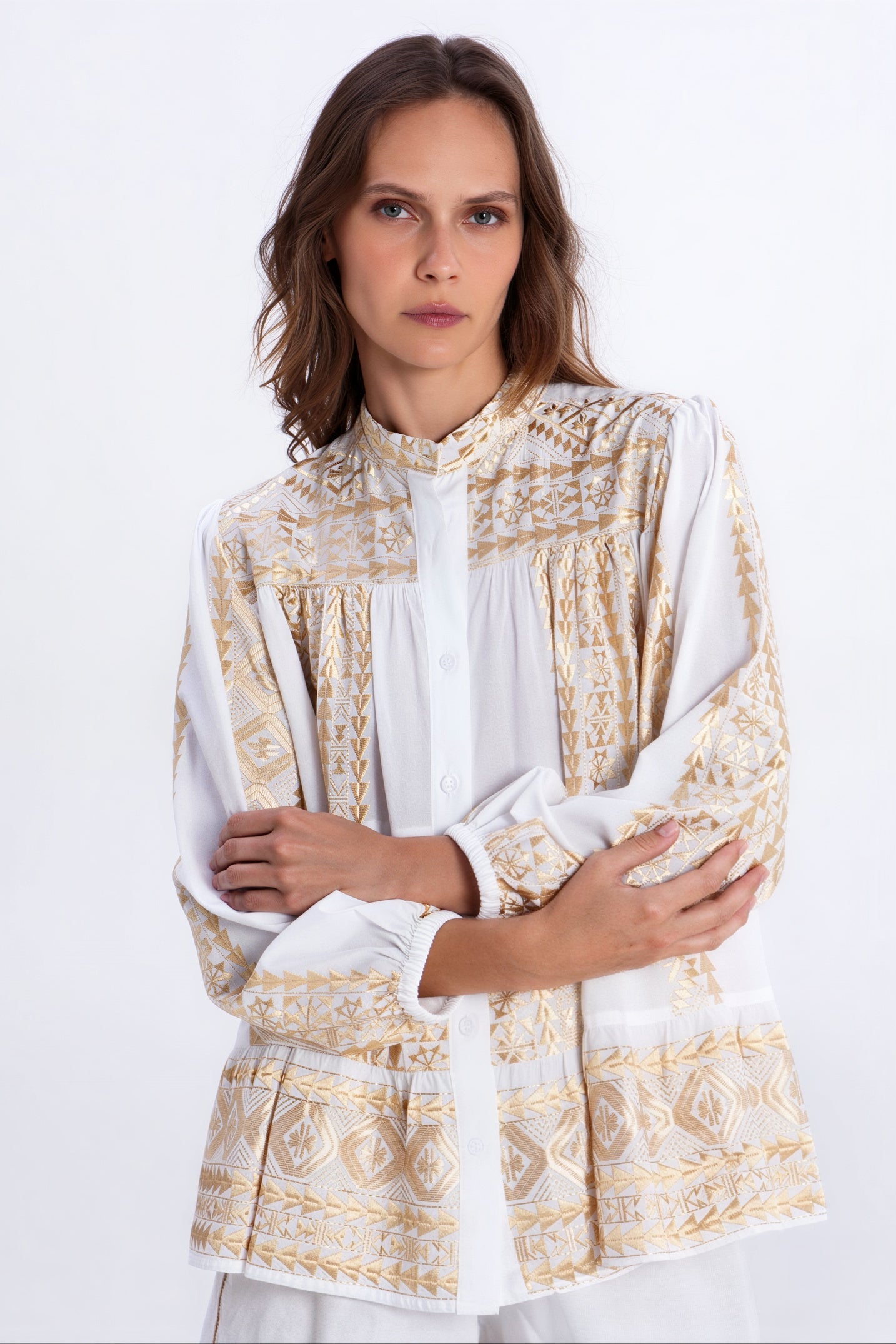 Embroidery Detail of greek archaic kori Triangle Ruffle Shirt