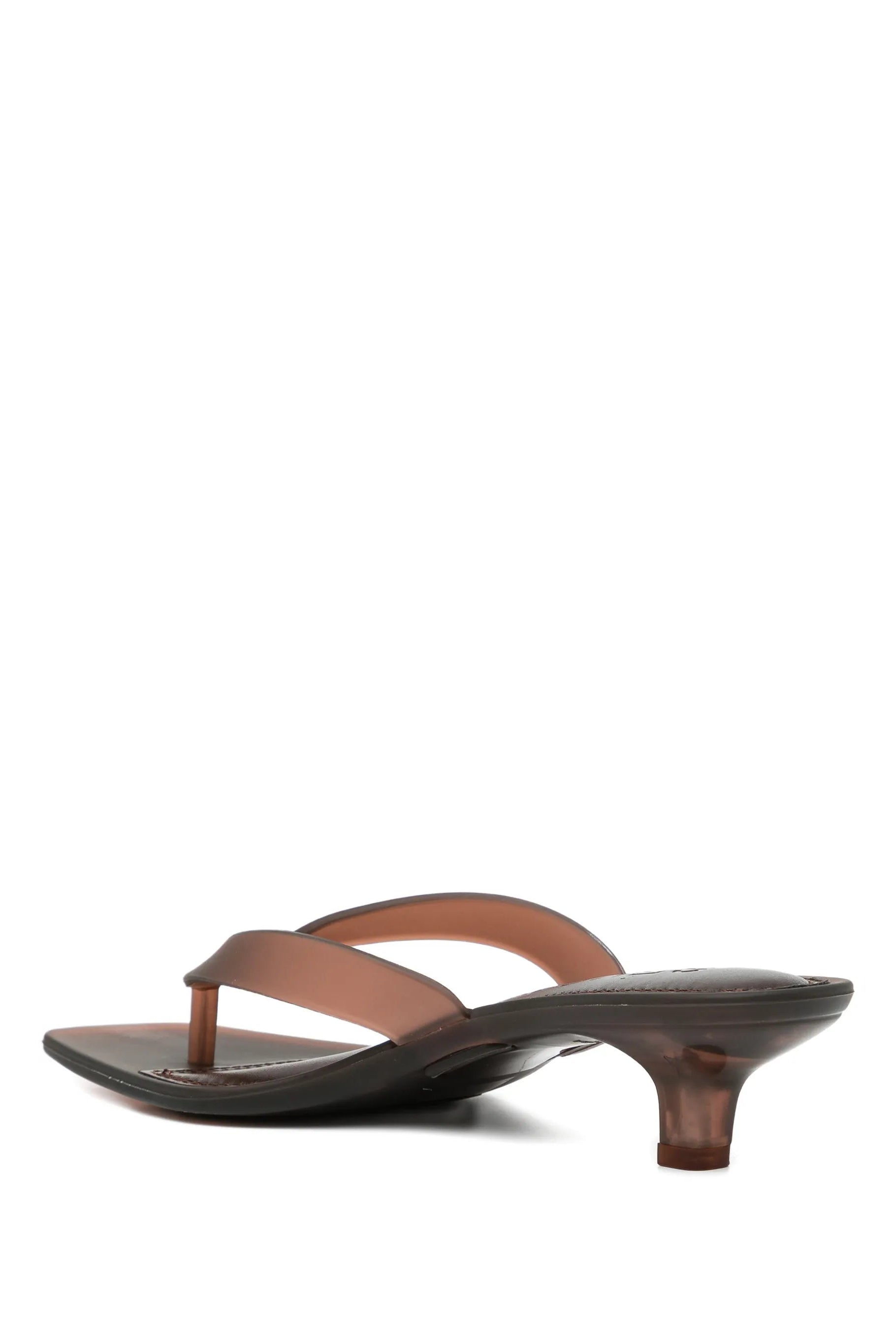 Senso Sonya chocolate brown flip flops with translucent sculpted heel and minimal thong strap detail rear side view