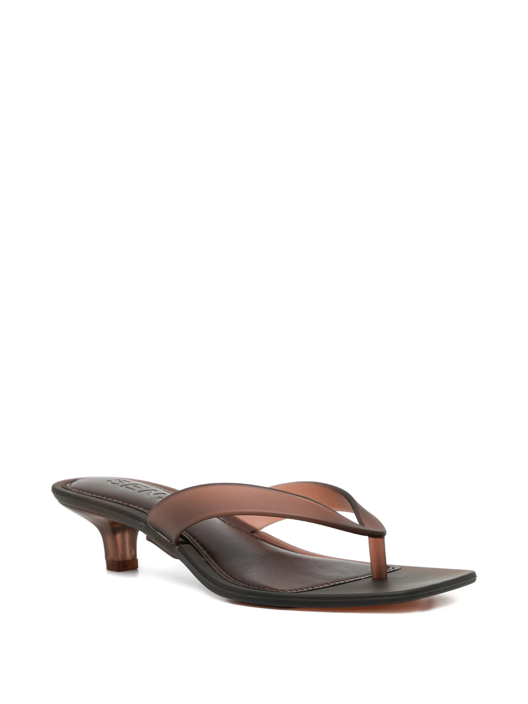 Senso Sonya chocolate brown flip flops with sculpted 30mm heel and minimal thong strap angled front view