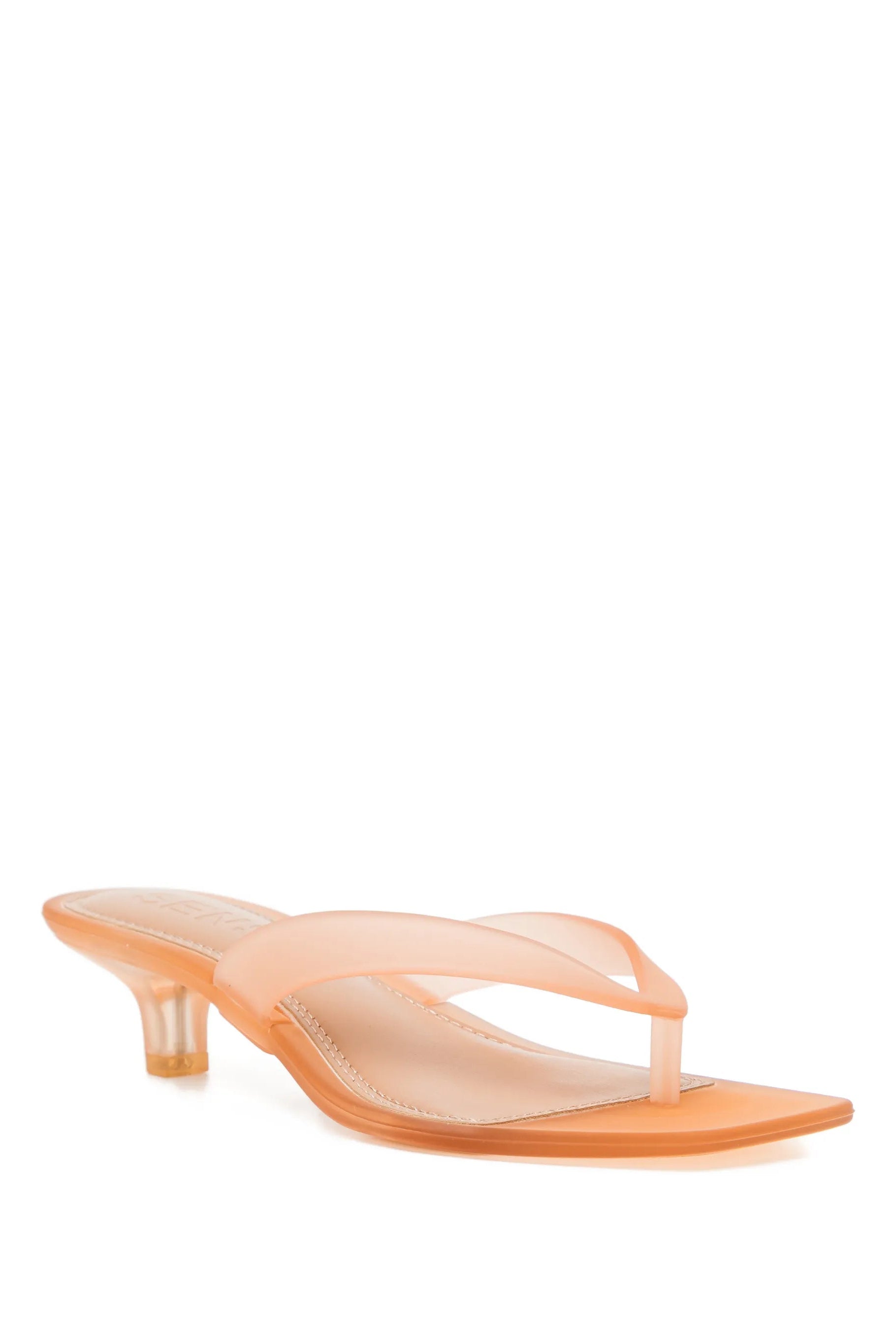 Senso Sonya light orange flip flops with translucent sculpted heel and thong strap angled front view