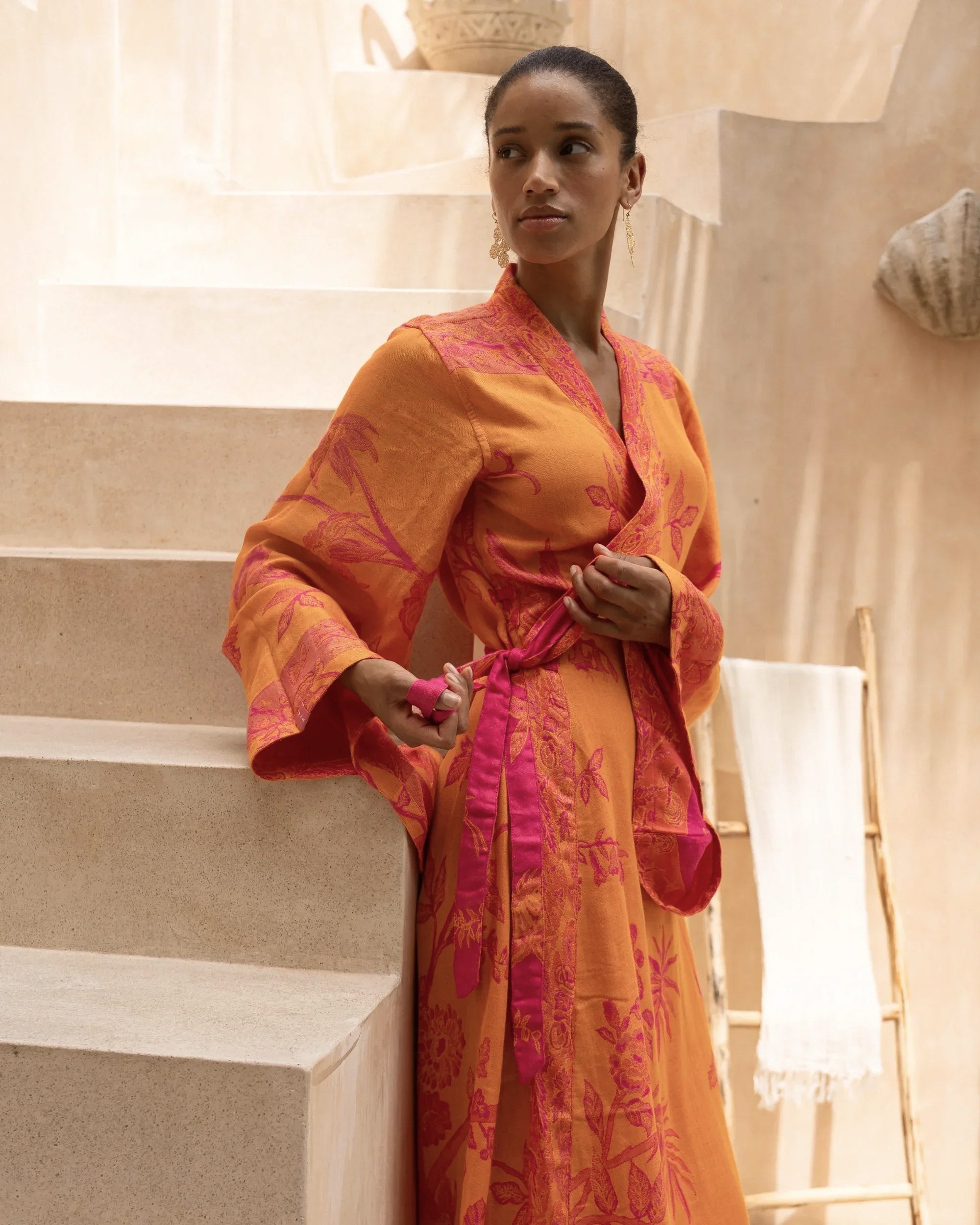 Close-up Brahmaki Bougainvillea Lyocell Amara Dress Orange side