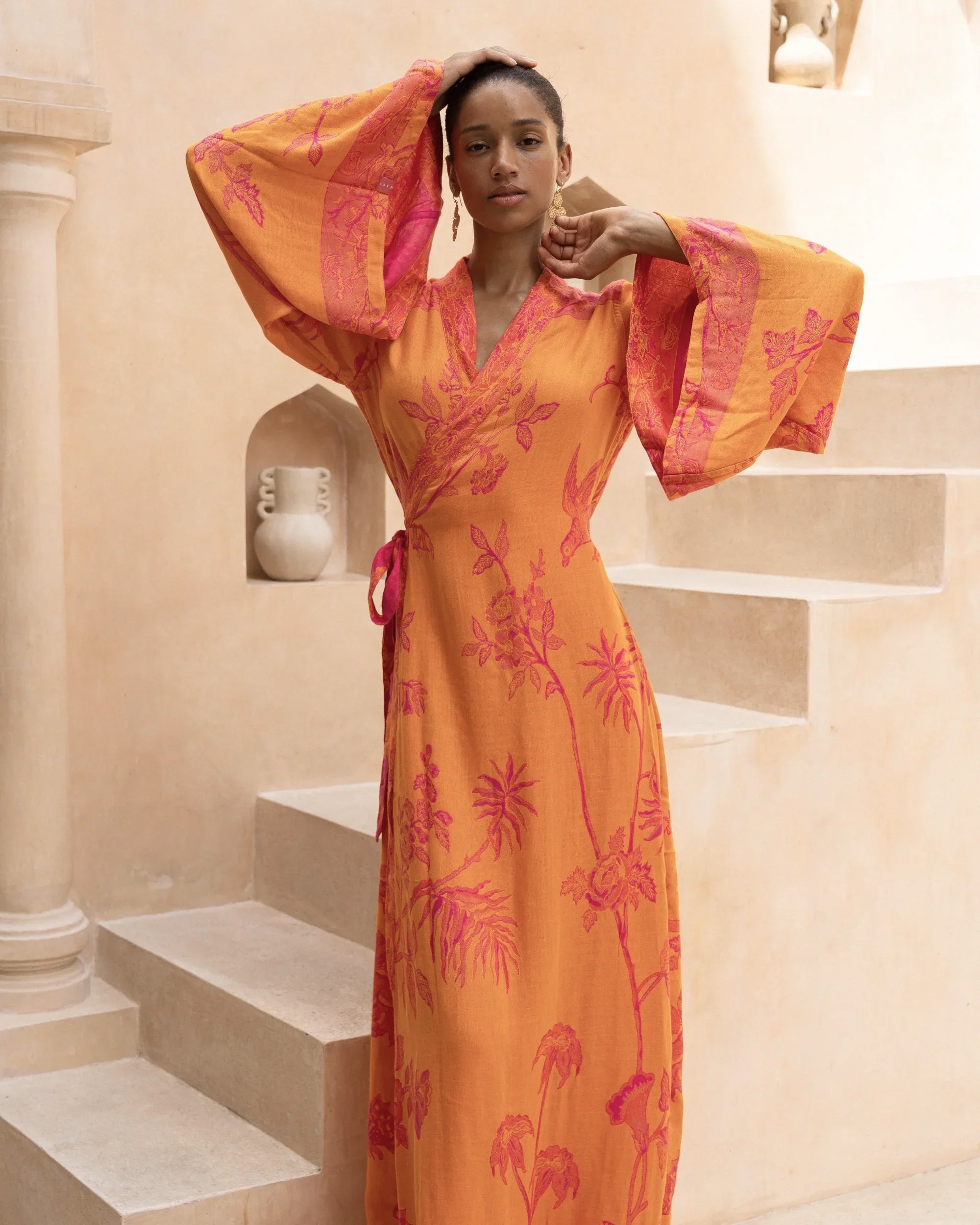 Brahmaki Bougainvillea Lyocell Amara Dress Orchid Pink and Orange front