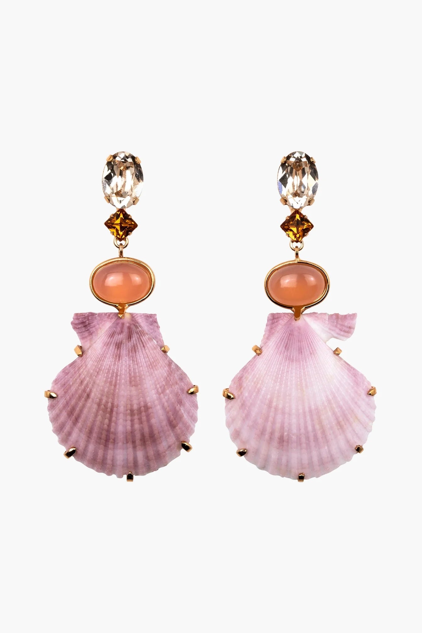 Jennifer Behr Adrielle Earrings featuring natural ombré purple scallop shells with Austrian crystals and pink chalcedony.