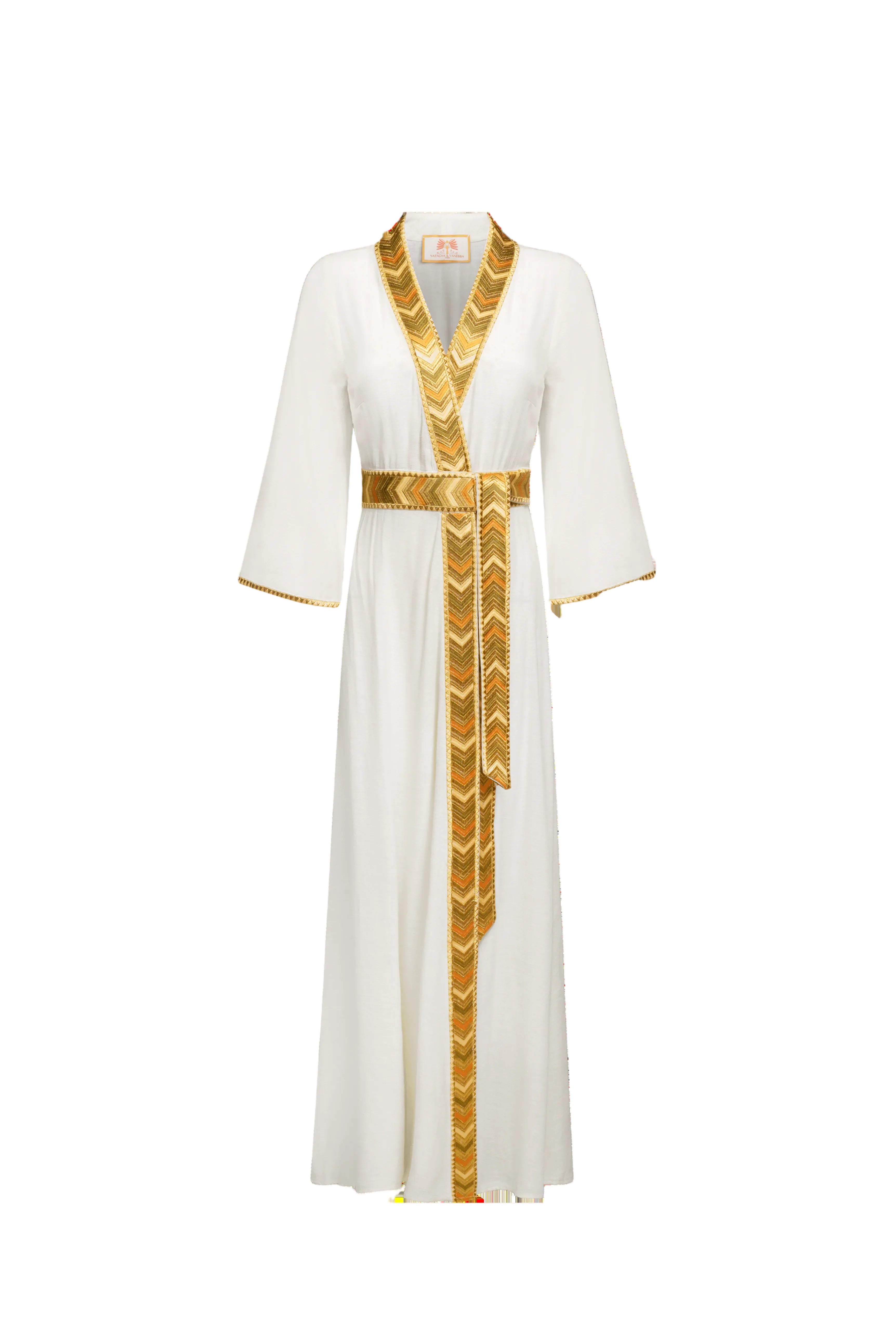 Natacha & Vanessa Livia Maxi Dress in ecru featuring a deep V-neckline, ochre and gold gradient trim, long sleeves, and an integrated waist tie.