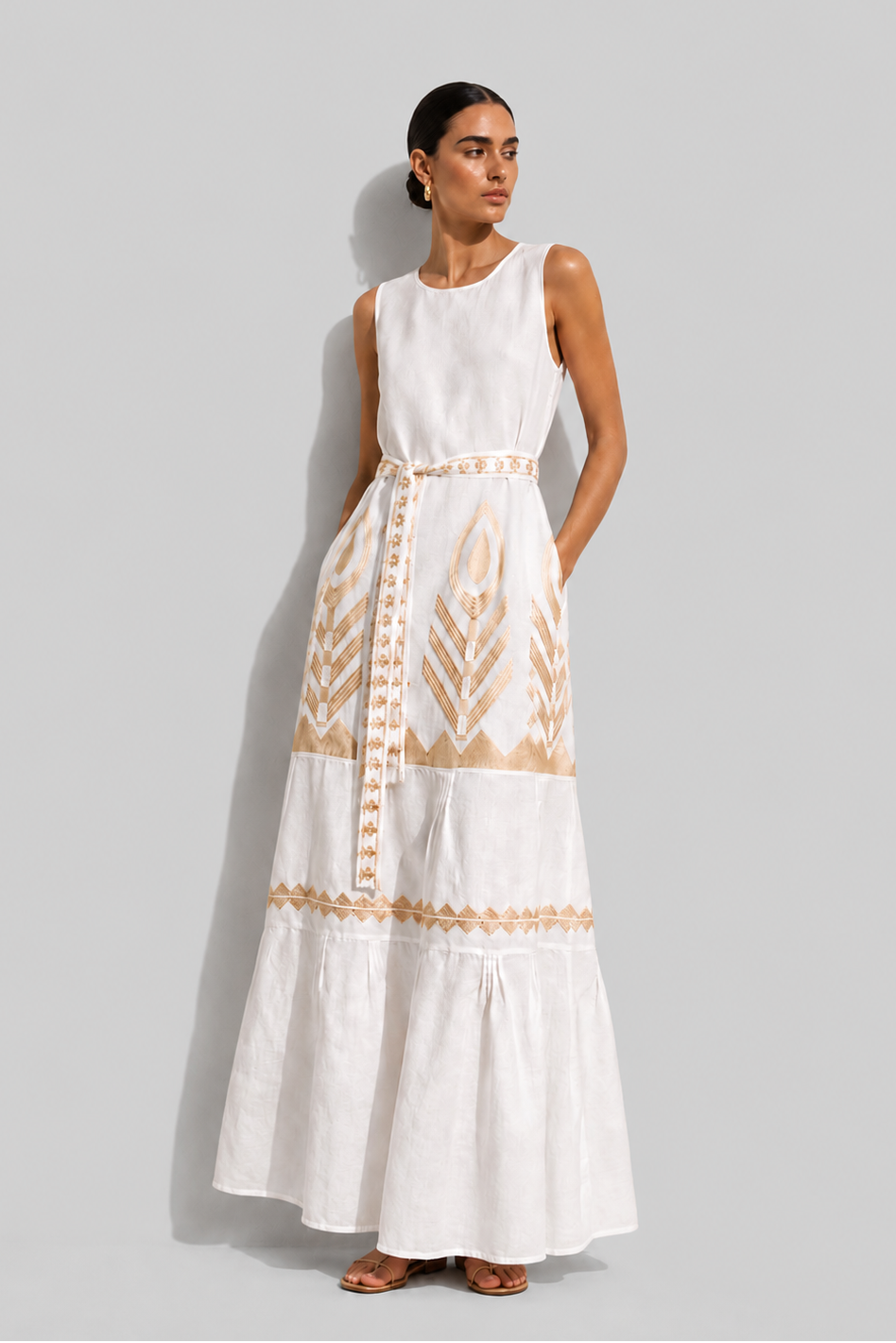 Greek Archaic Kori Feather sleeveless gold embroidered maxi dress