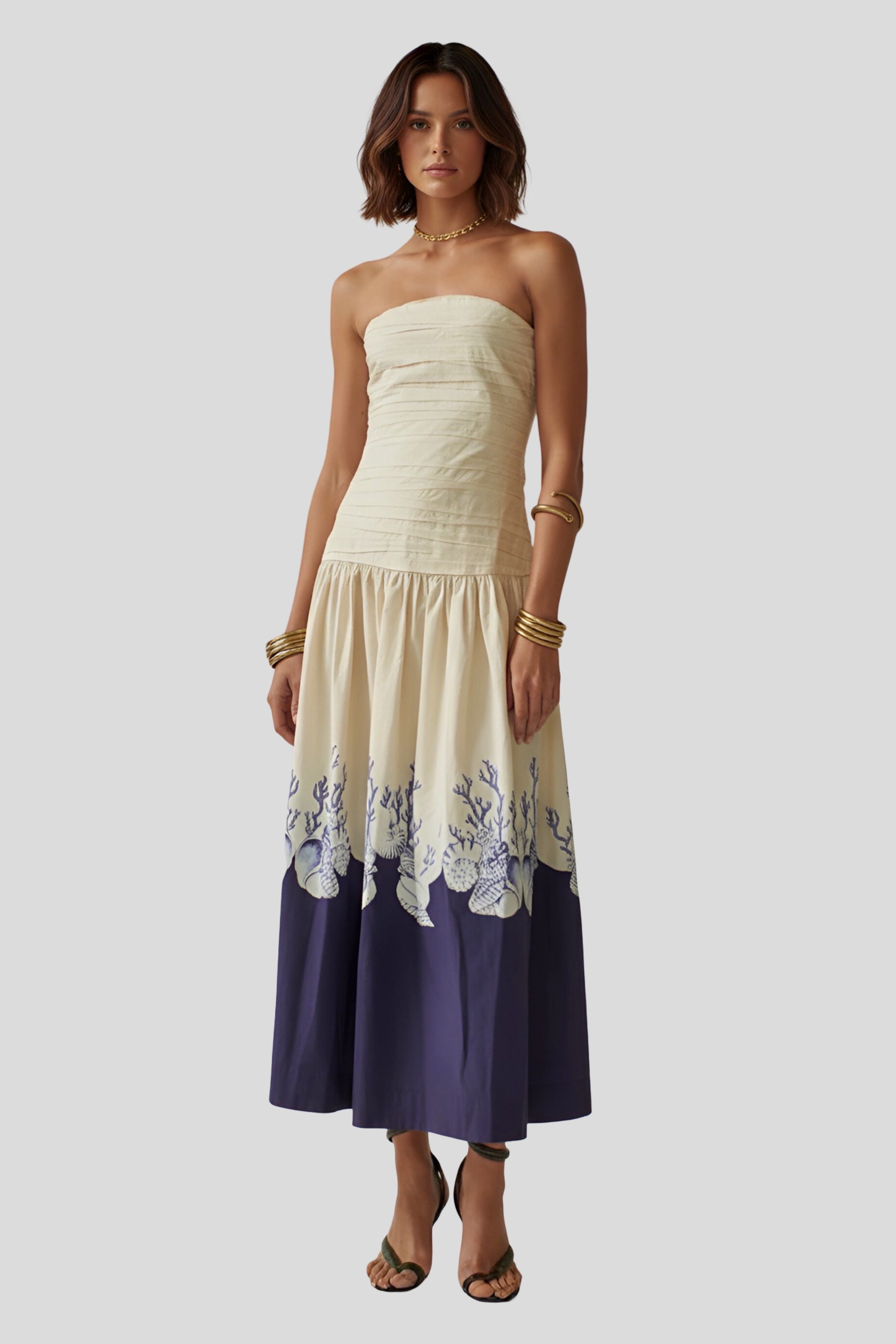 Carolina K malla strapless maxi dress in cream and navy with printed hem