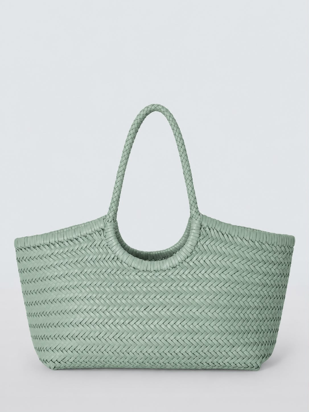 Front view of the Dragon Diffusion Nantucket Large Tote in sage handwoven leather.