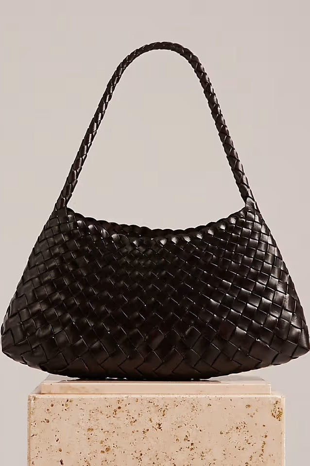 Front view of the dark-brown handwoven Rosalia Shoulder Bag.