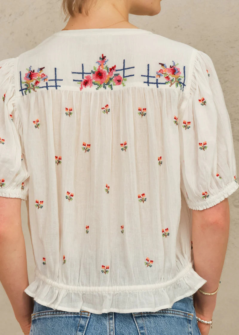 Close-up back view of embroidery detail on M.A.B.E Harlie top