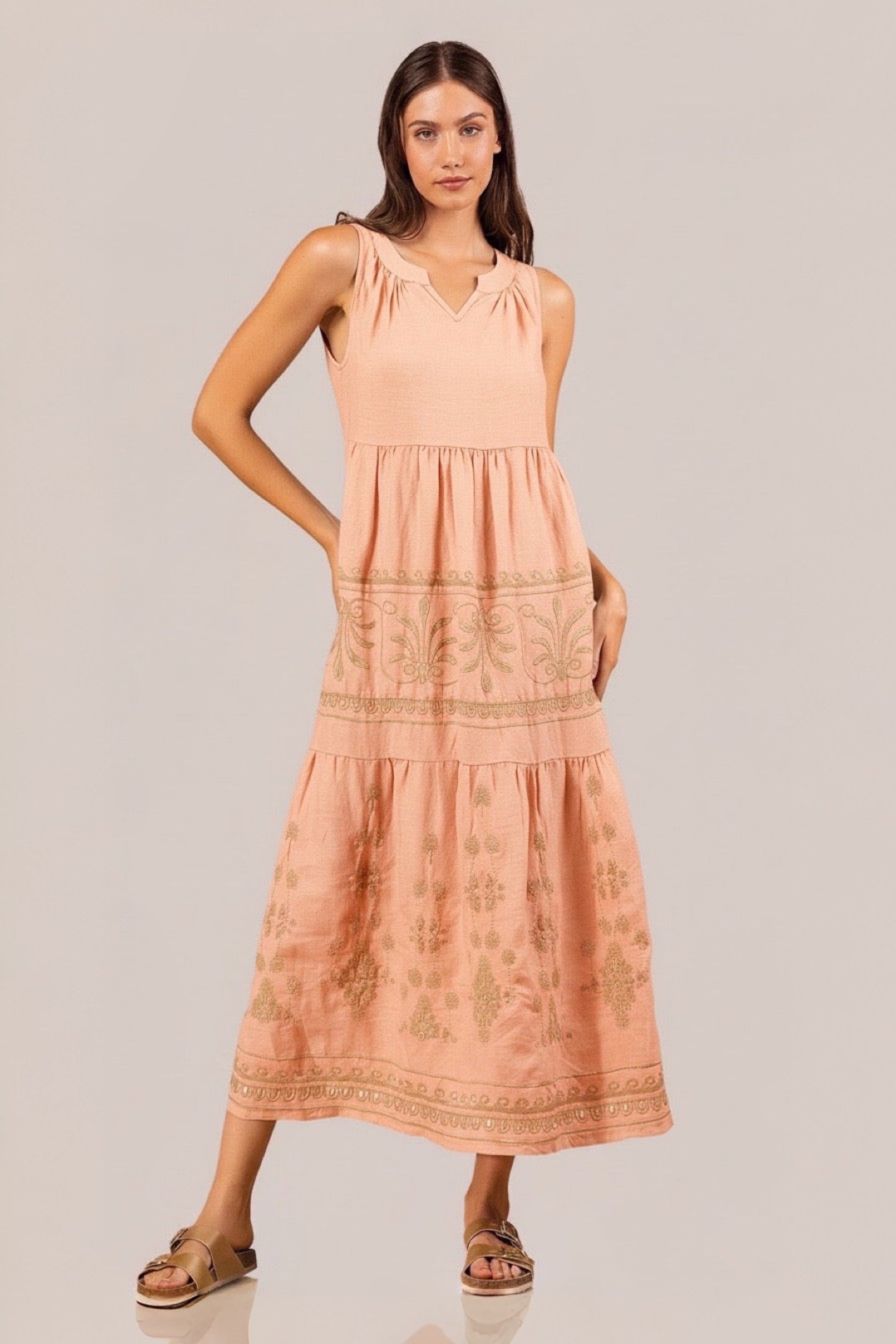 Lyra Embroidered Dress in Salmon
