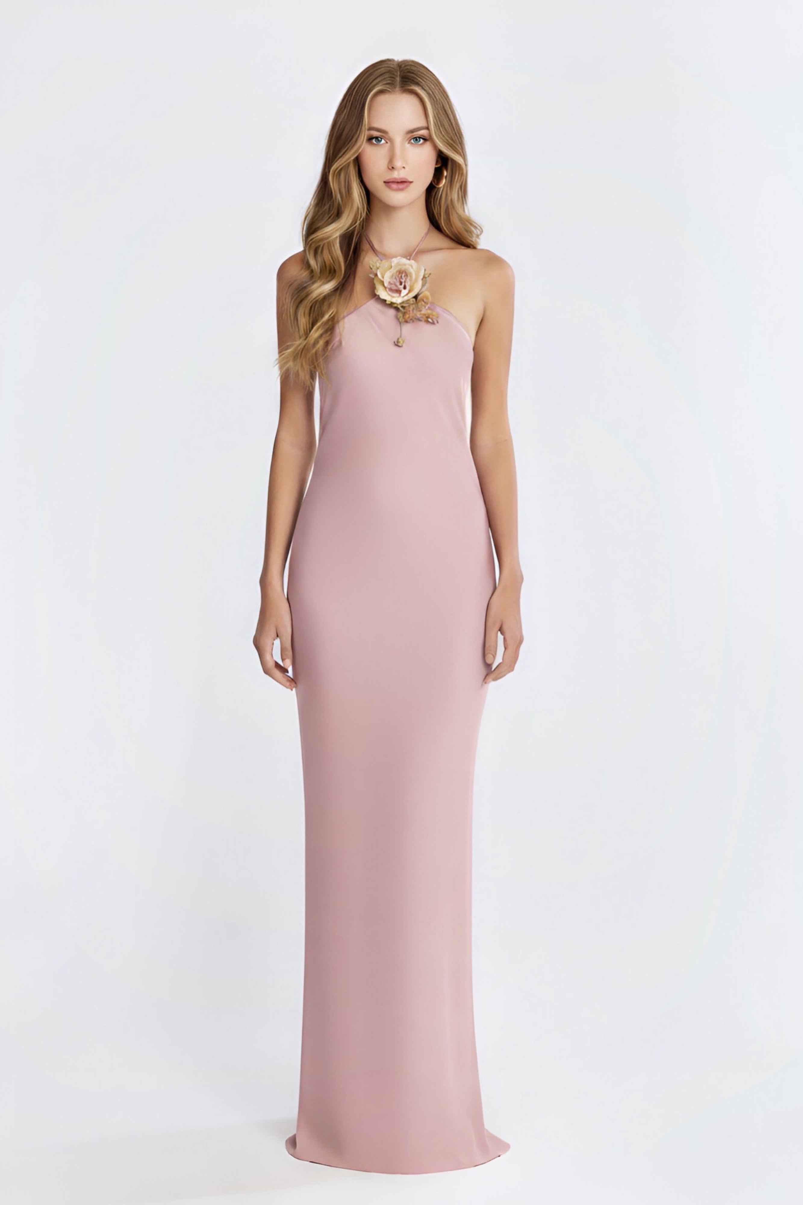Halter Bias Slip Dress in Rose