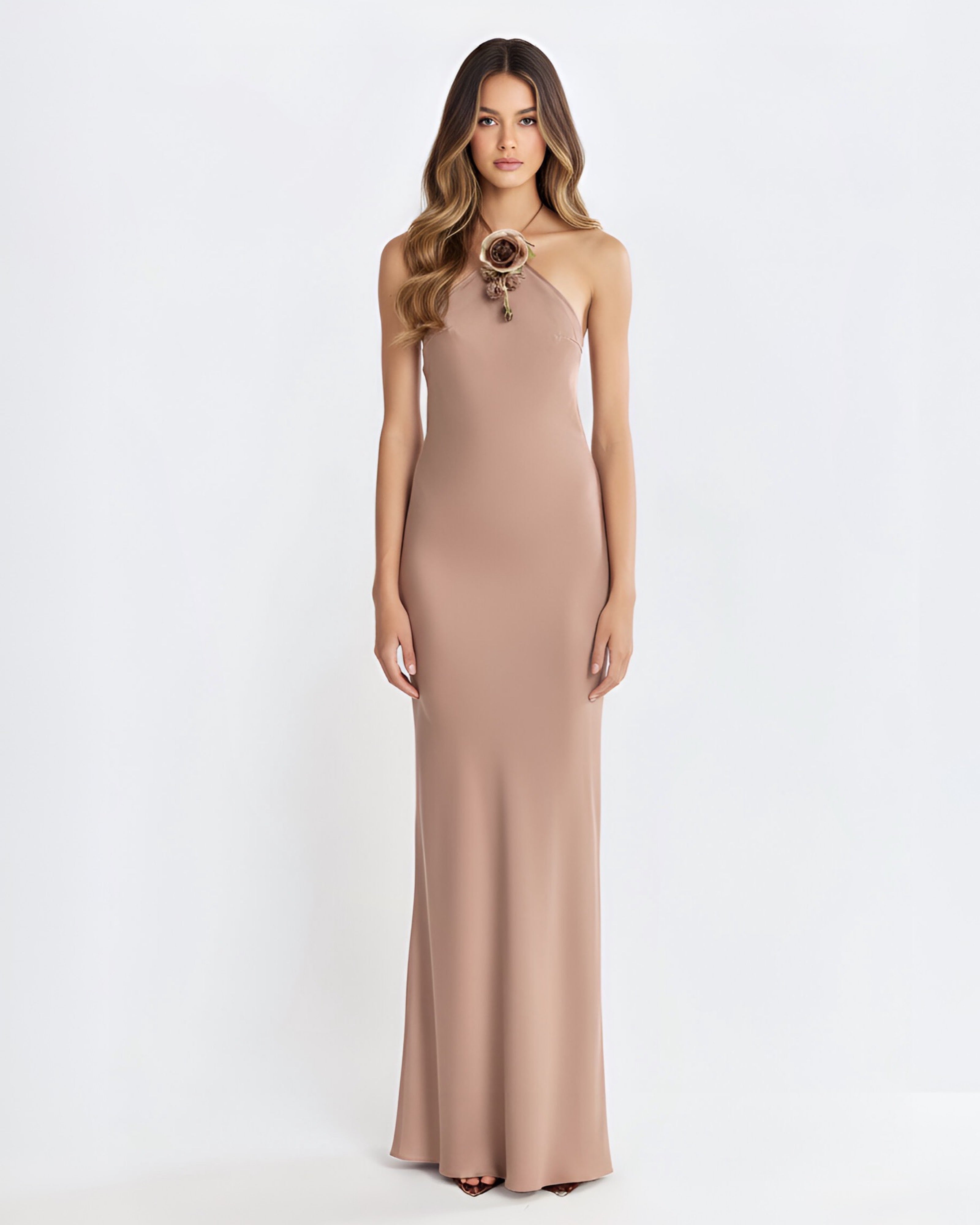 Halter Bias Slip Dress in Mocha