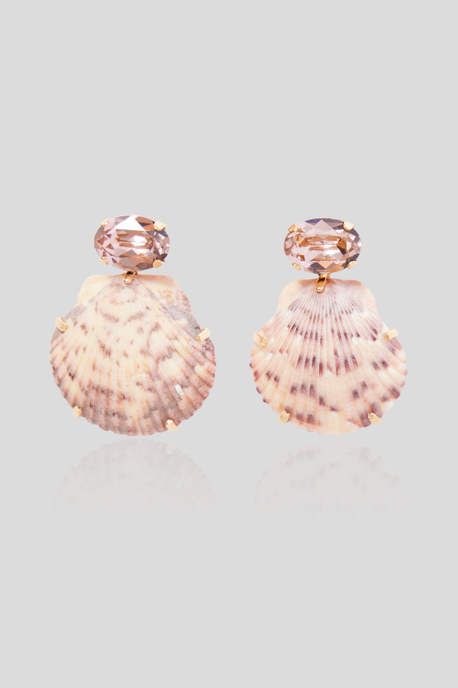 Kauai seashell dangle earrings with blush crystal studs, natural pink scallop shells, and gold-tone settings.