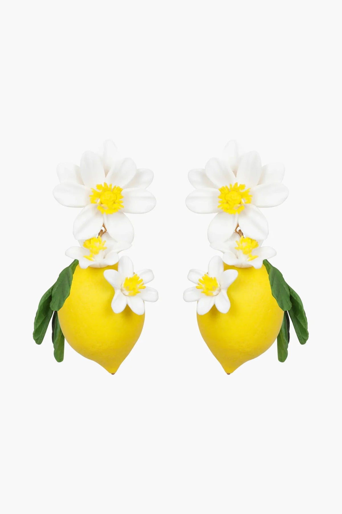 Jennifer Behr Limoncello Earrings featuring hand-sculpted lemons, white blossoms, and green leaves.
