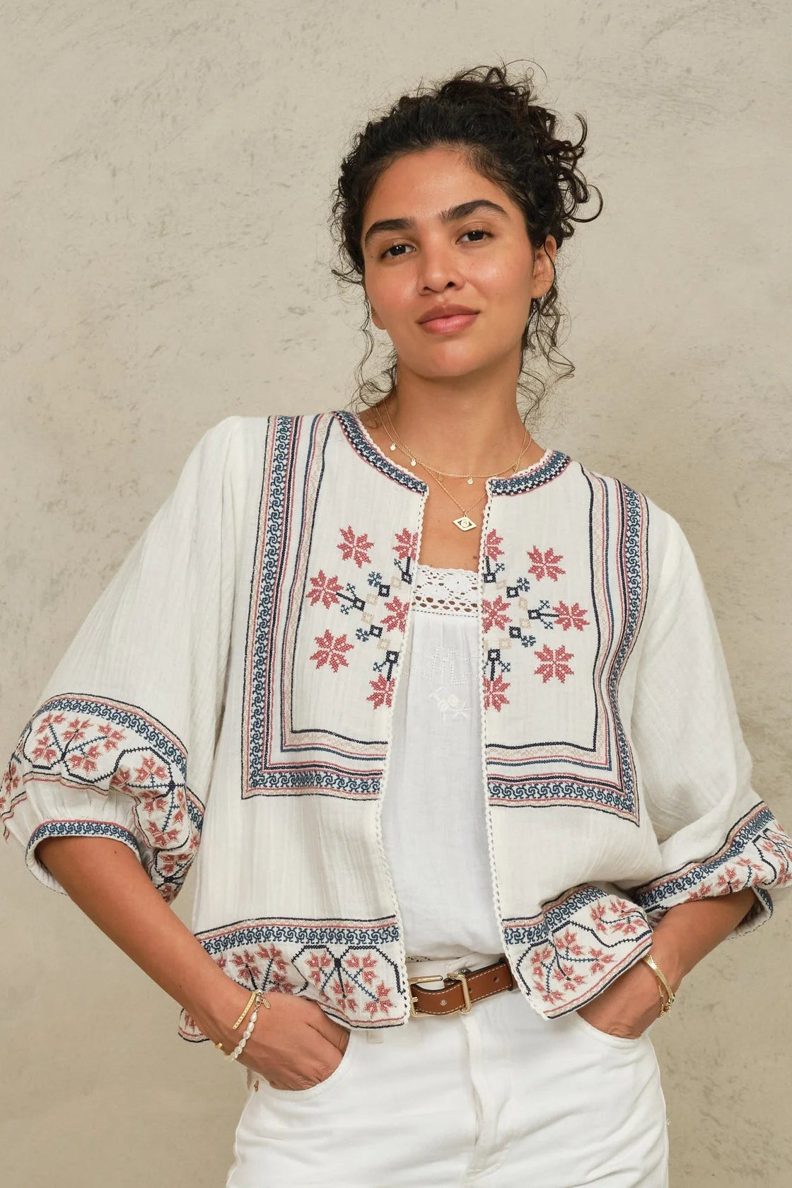 M.A.B.E. embroidered cotton jacket styled for effortless resortwear