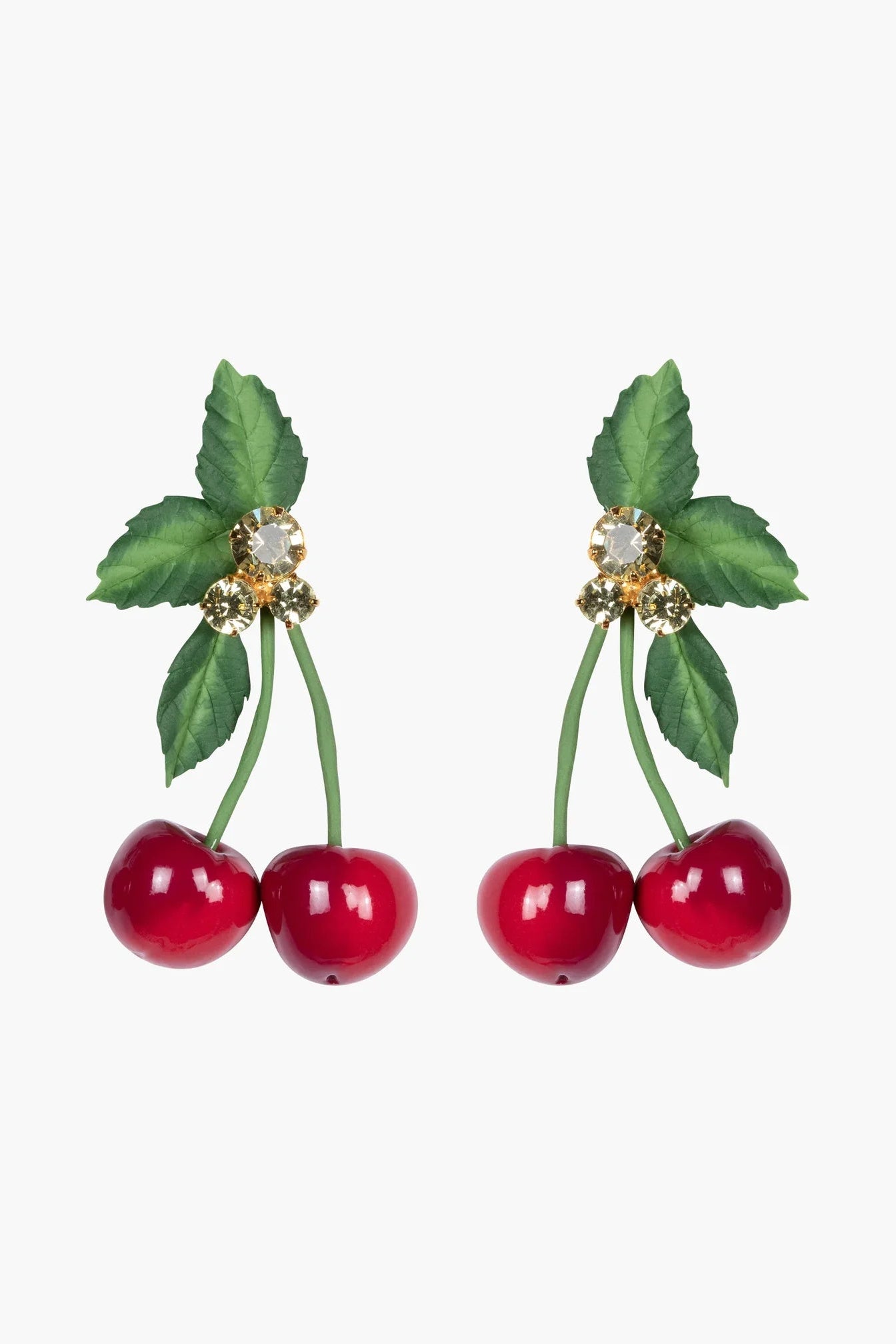 Maraschino Earrings with hand-sculpted cherry drops, green leaves, and Austrian crystal accents.