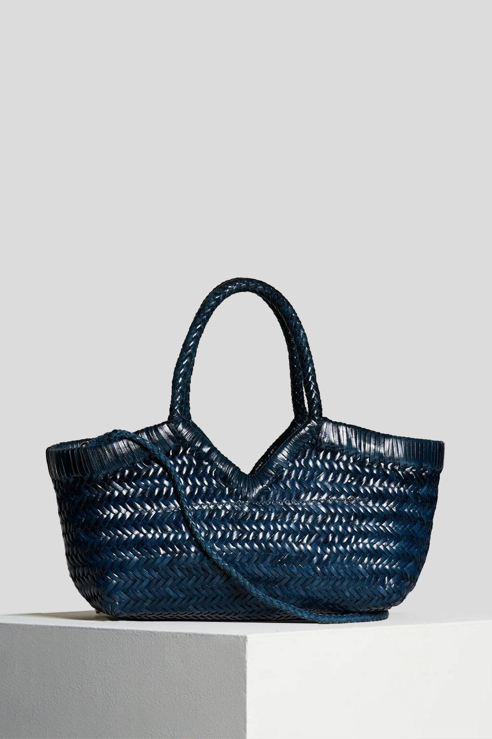 Vipera The Label Monet Dark Blue handwoven leather tote bag front view with braided handles