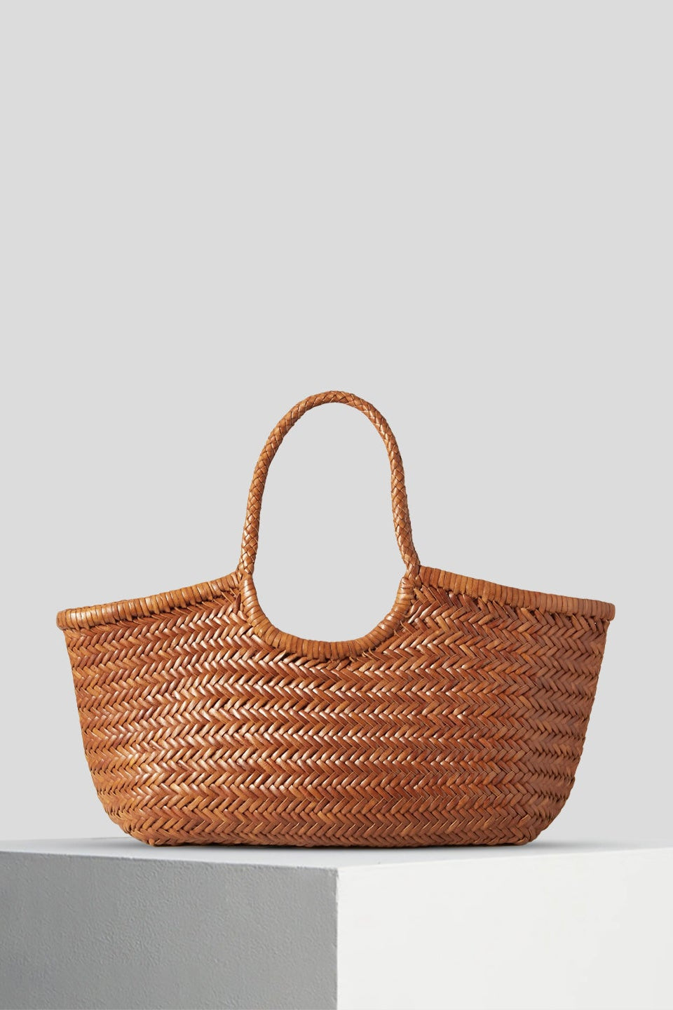 Dragon Diffusion Nantucket Large Tote in tan handwoven leather displayed