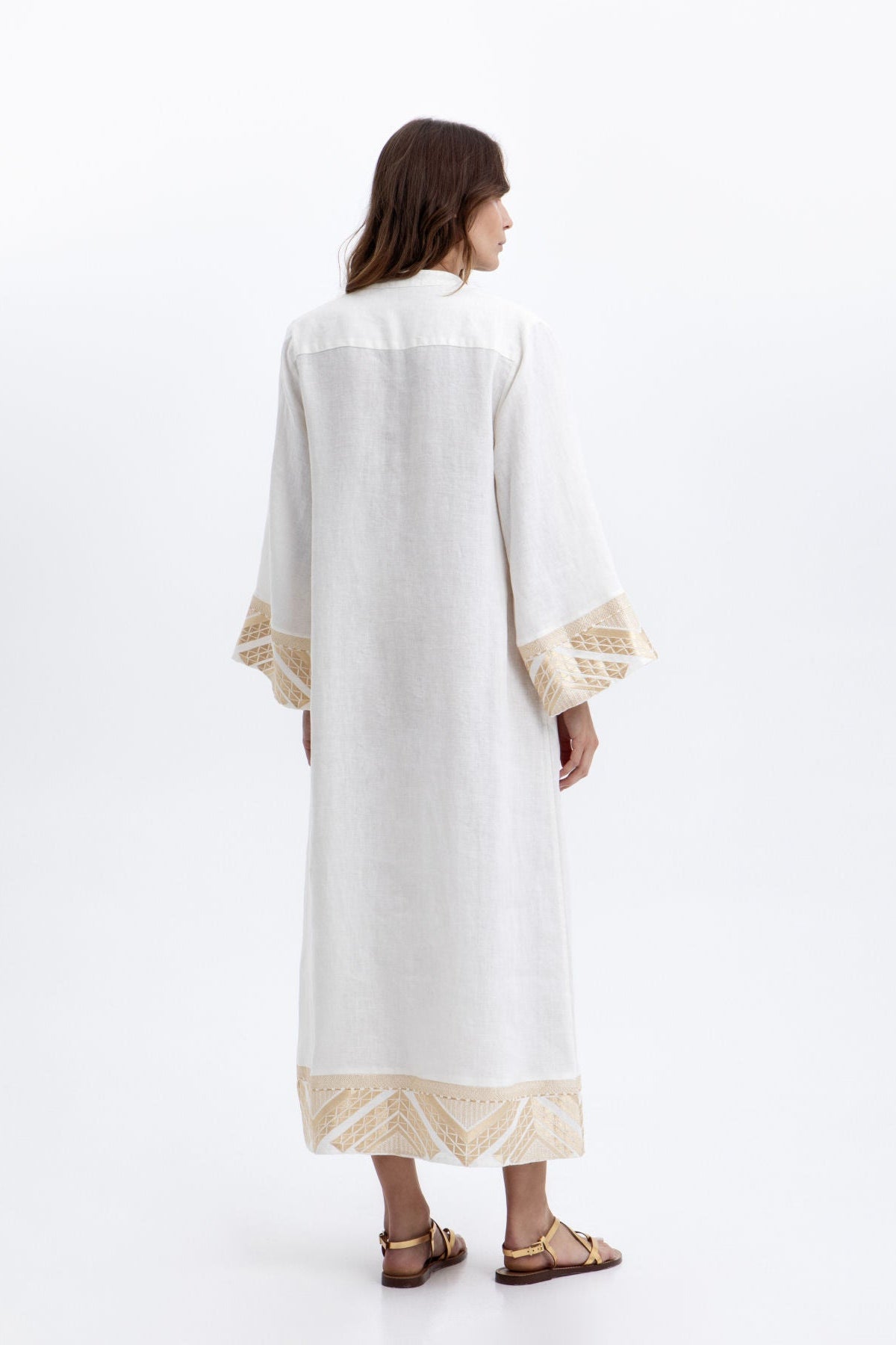 Back View of Greek Archaic Kori Maxi gold embroidered Pyramids Dress