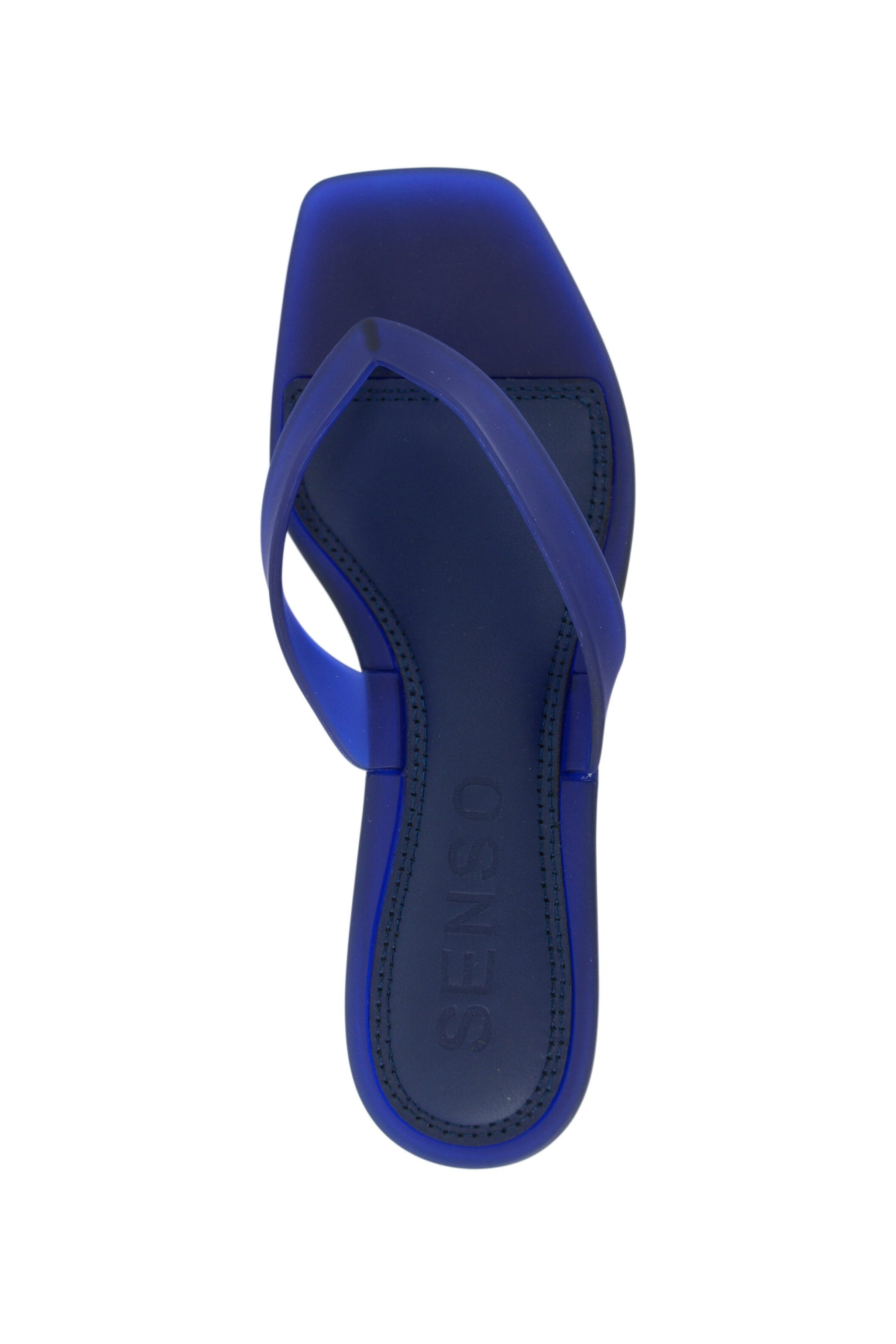 Senso Sonya blueberry flip flops with square open toe and branded footbed top view