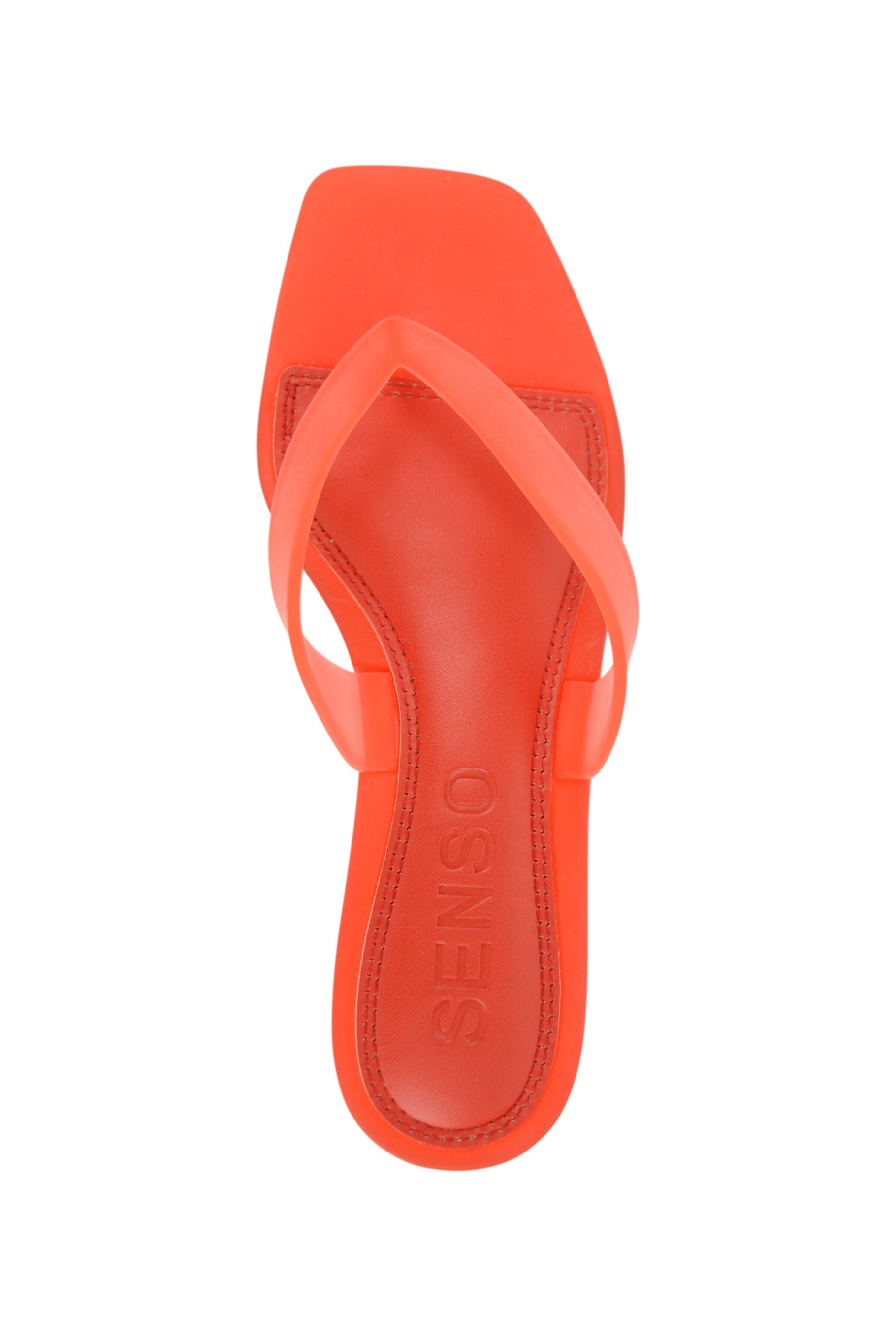 Senso Sonya cherry flip flops with square open toe and branded footbed top view