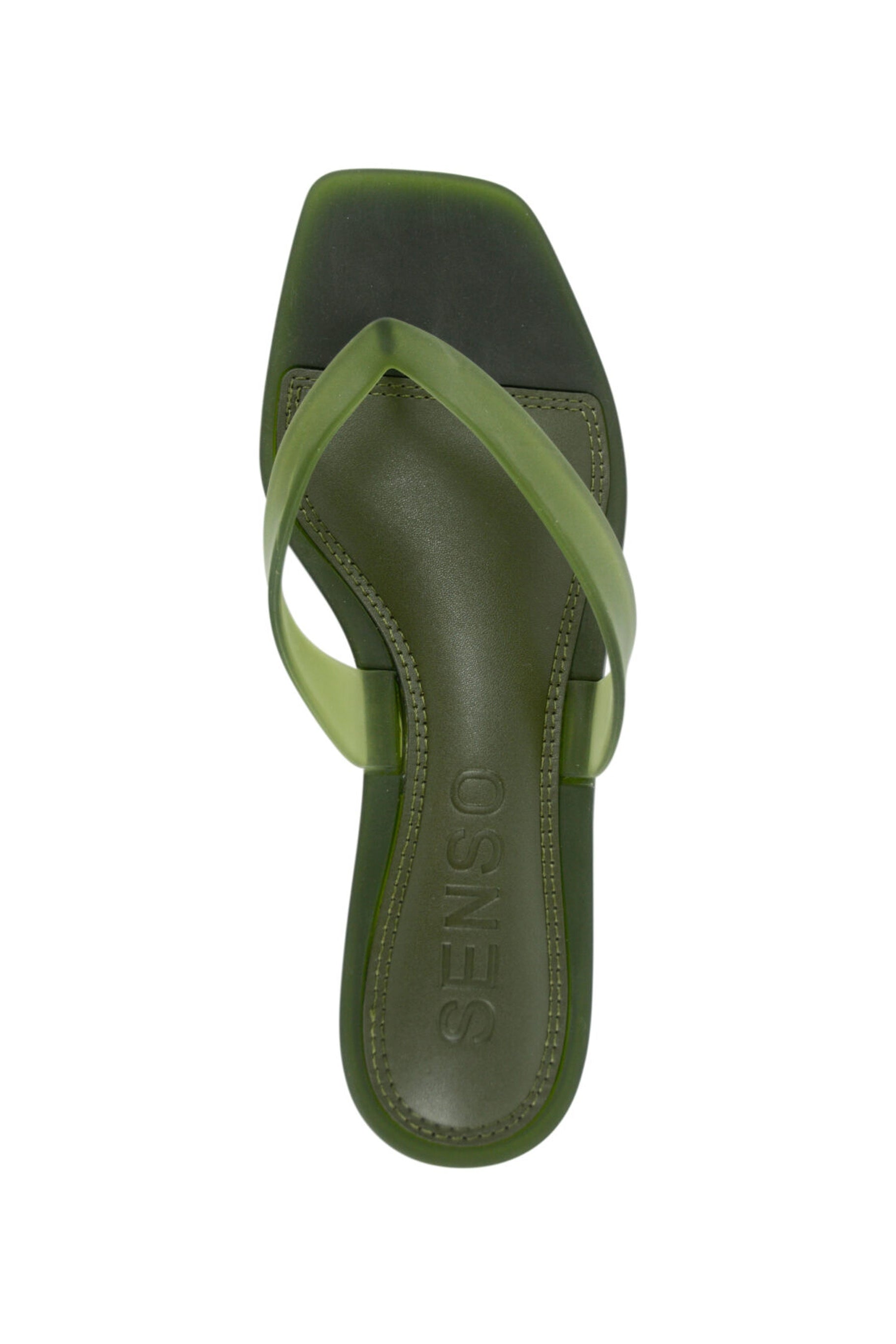 Senso Sonya olive flip flops with square open toe and branded footbed top view