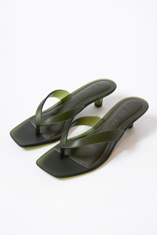 Senso Sonya olive flip flops pair with translucent thong straps angled view
