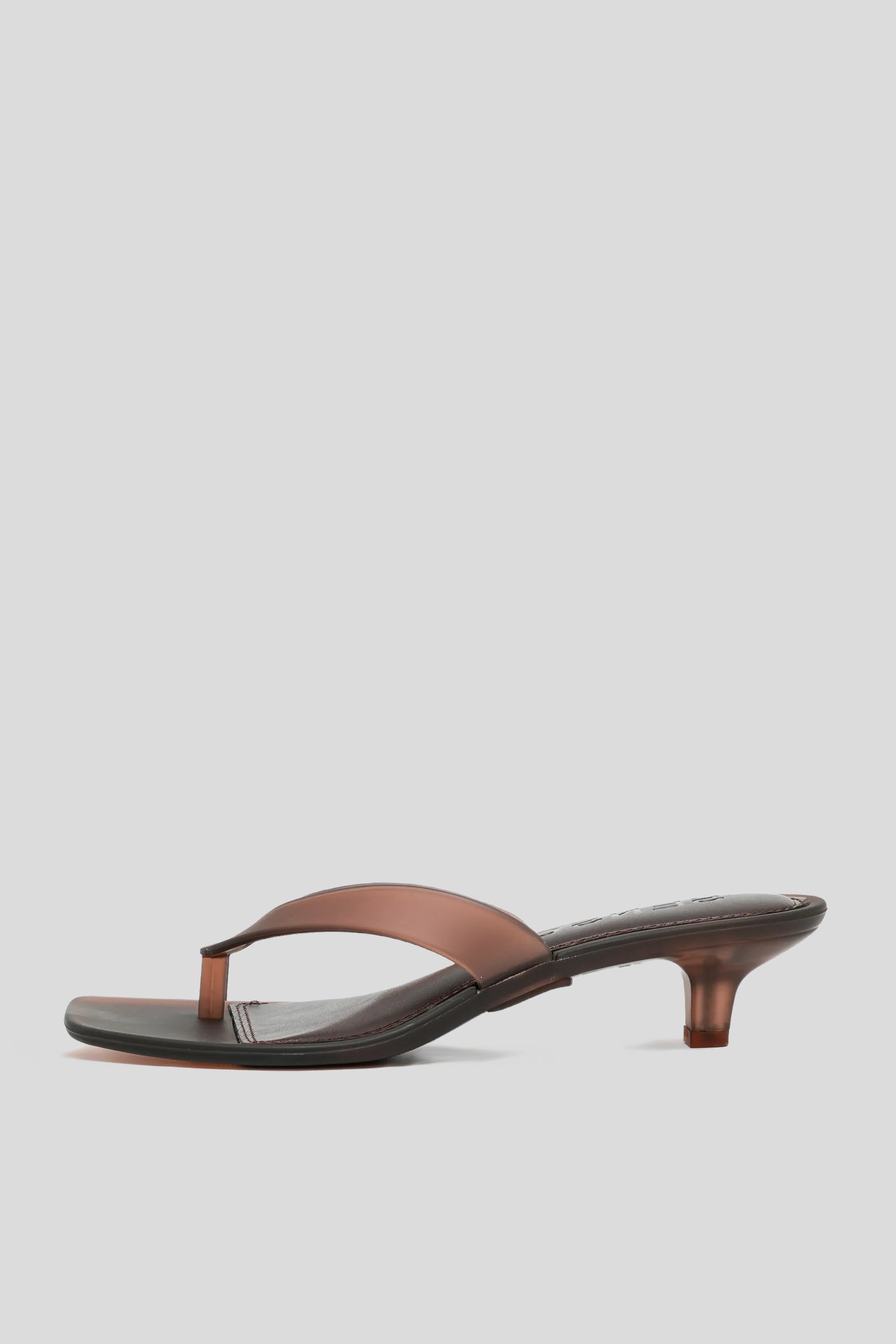 Senso Sonya chocolate brown flip flops with square open toe and sculpted translucent heel side view