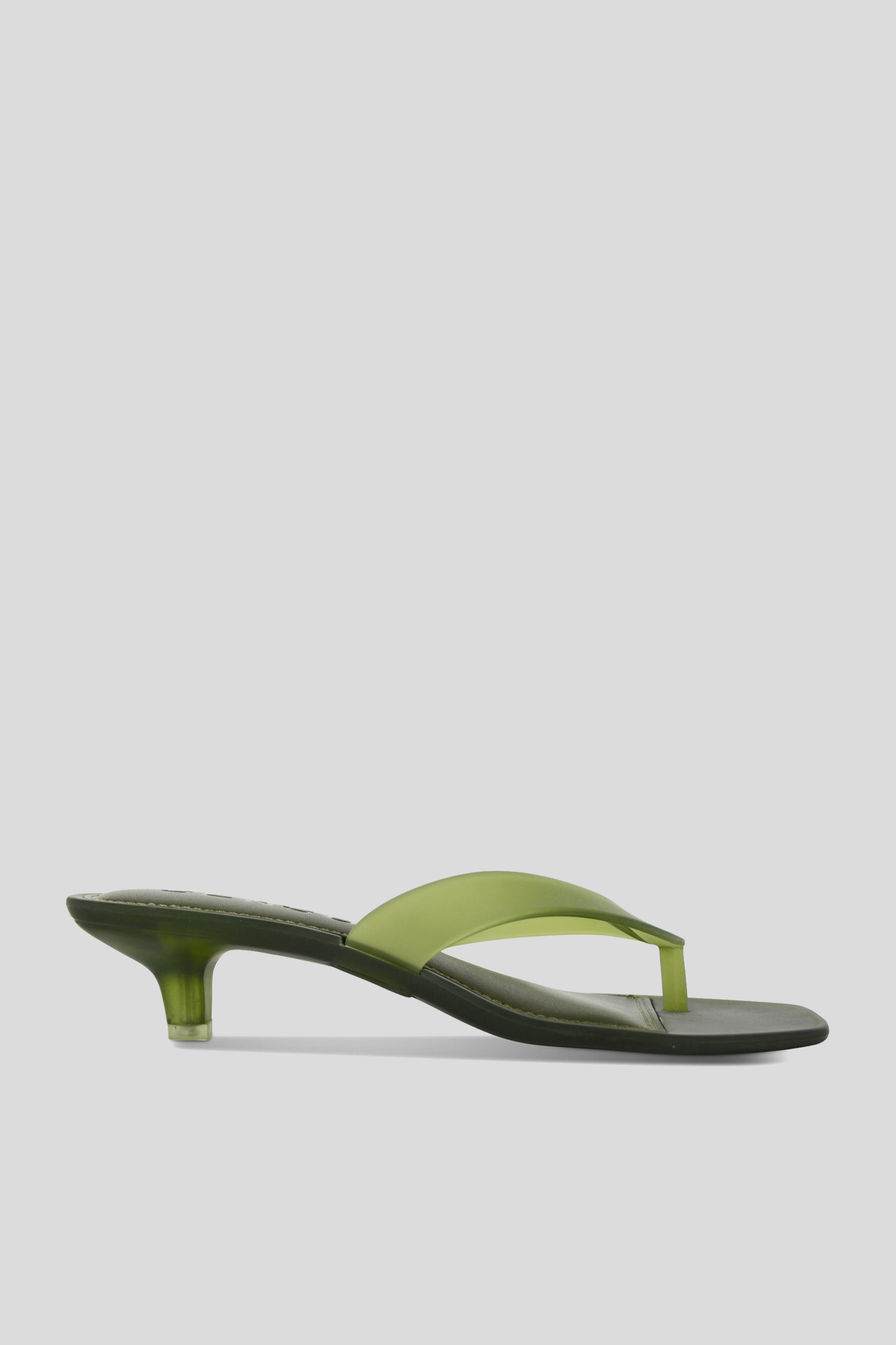 Senso Sonya olive flip flops with square open toe and sculpted translucent heel side view