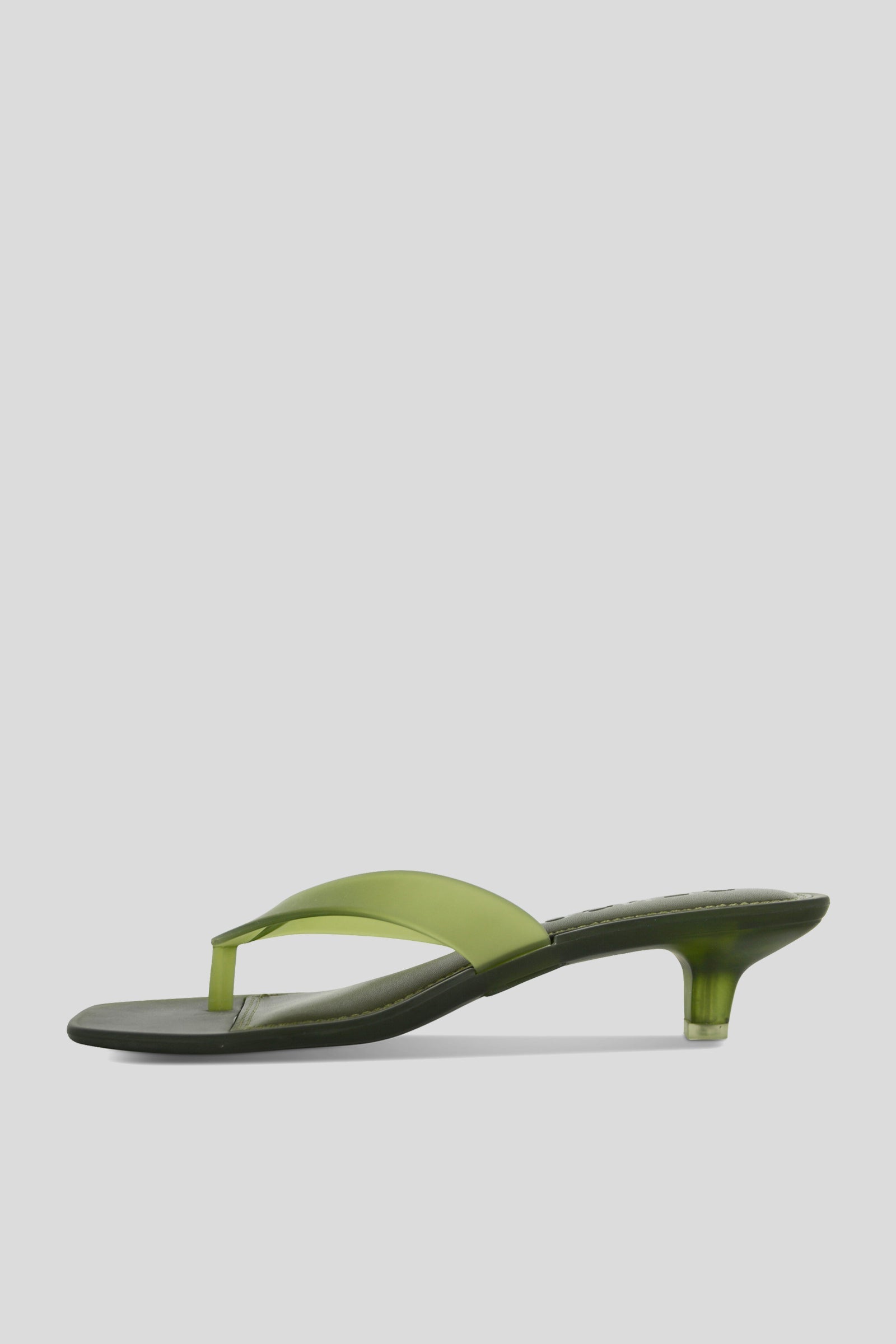 Senso Sonya olive flip flops with square open toe and sculpted translucent heel side view