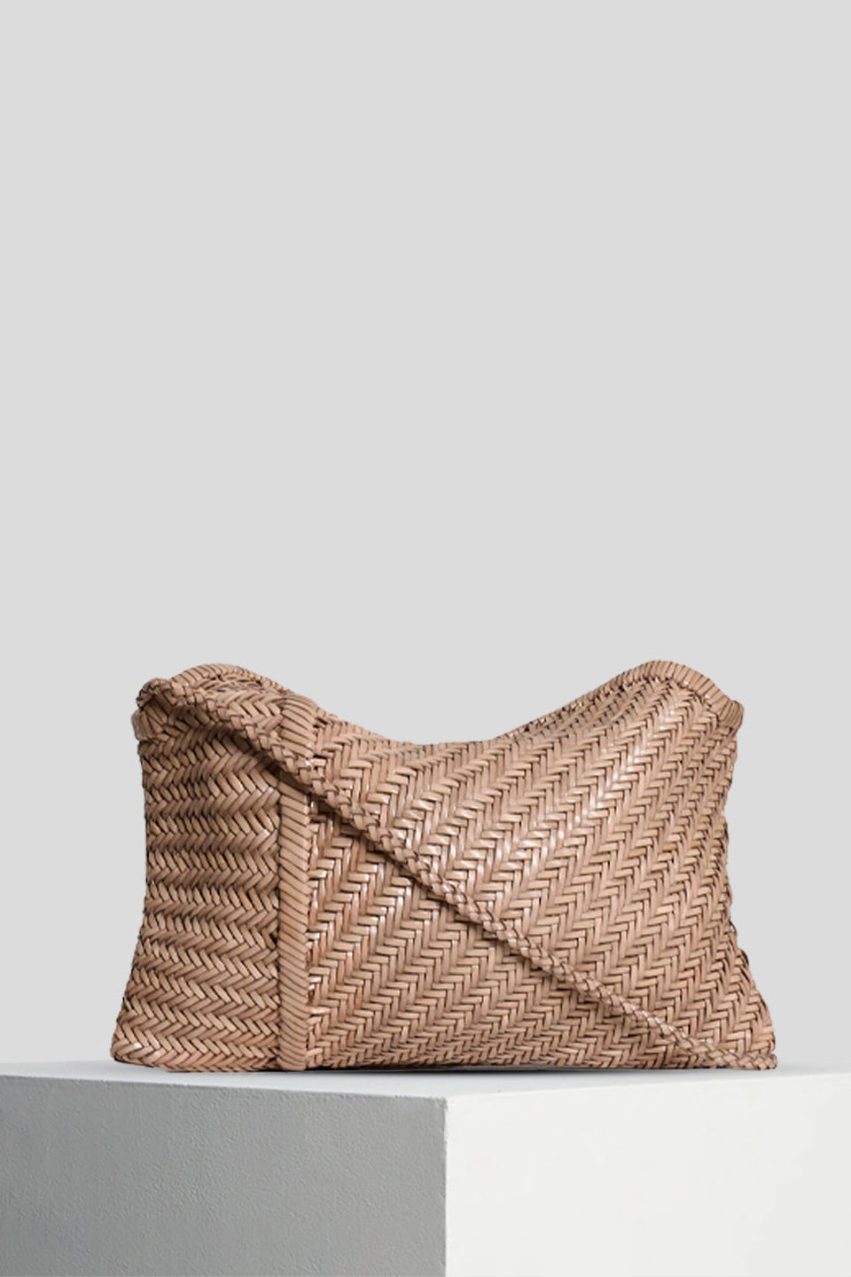Vipera Pillow Taupe woven leather clutch with folded silhouette in taupe leather, front view.