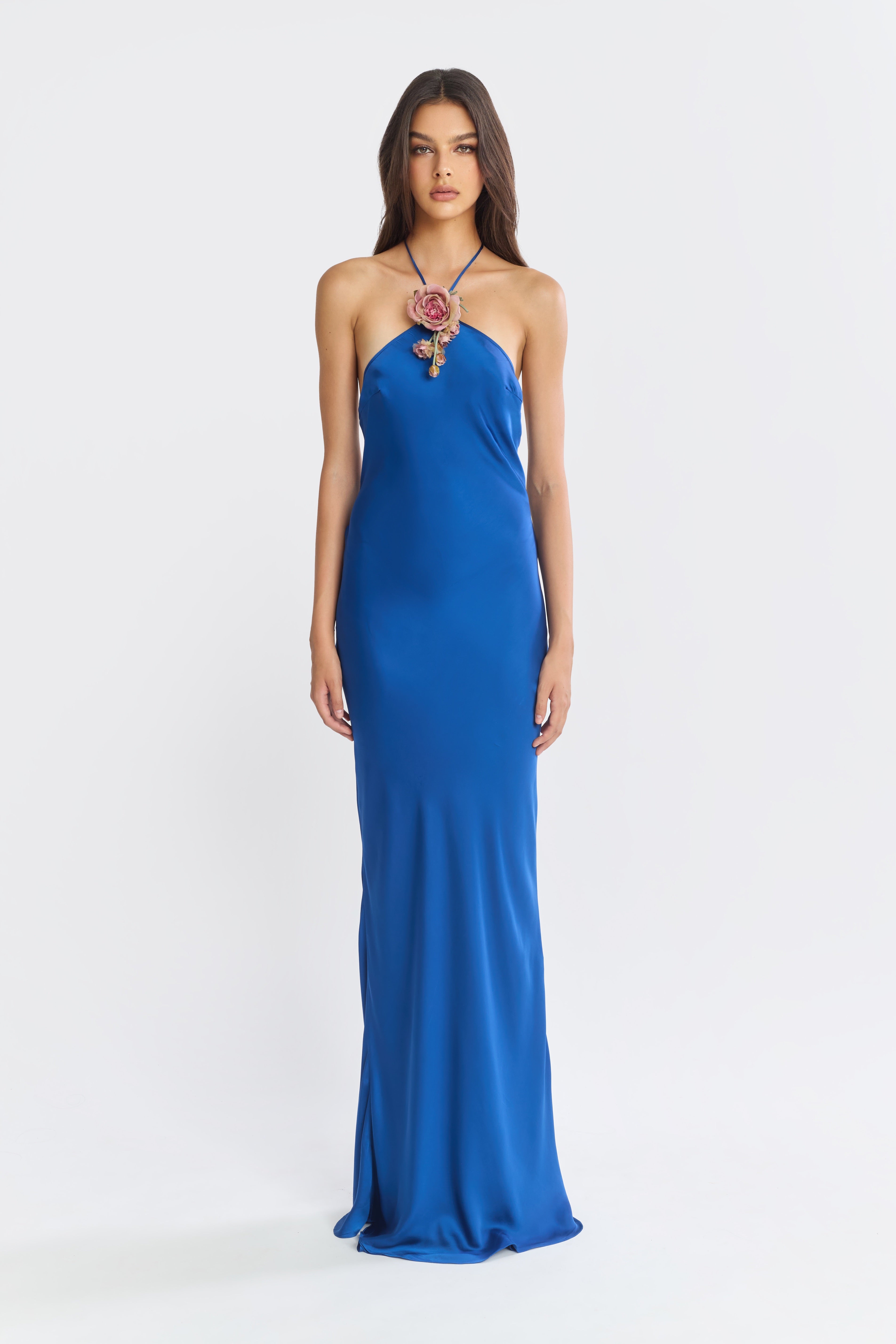 Halter Bias Slip Dress in Cobalt