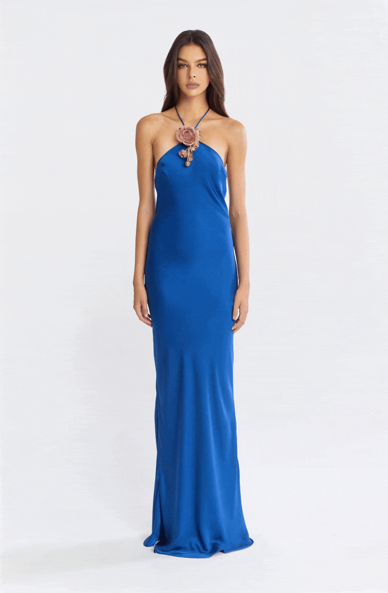 Halter Bias Slip Dress in Cobalt
