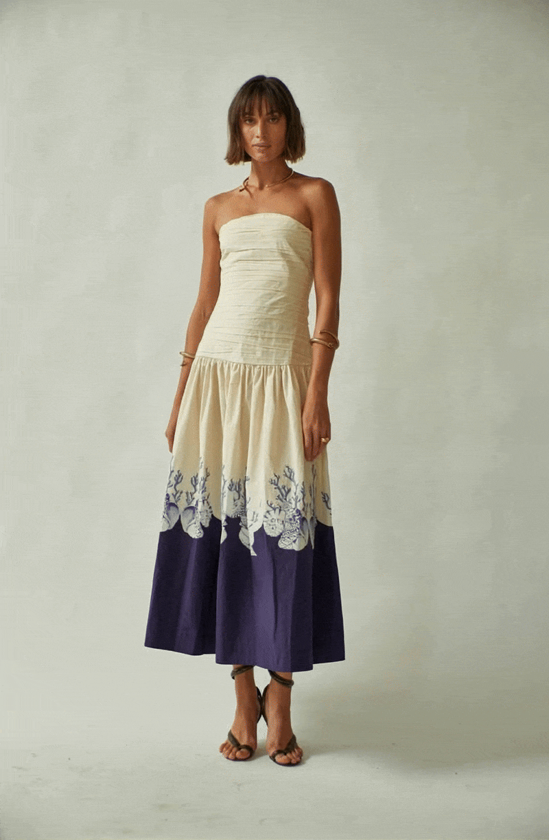 Carolina K malla strapless maxi dress in cream and navy with printed hem