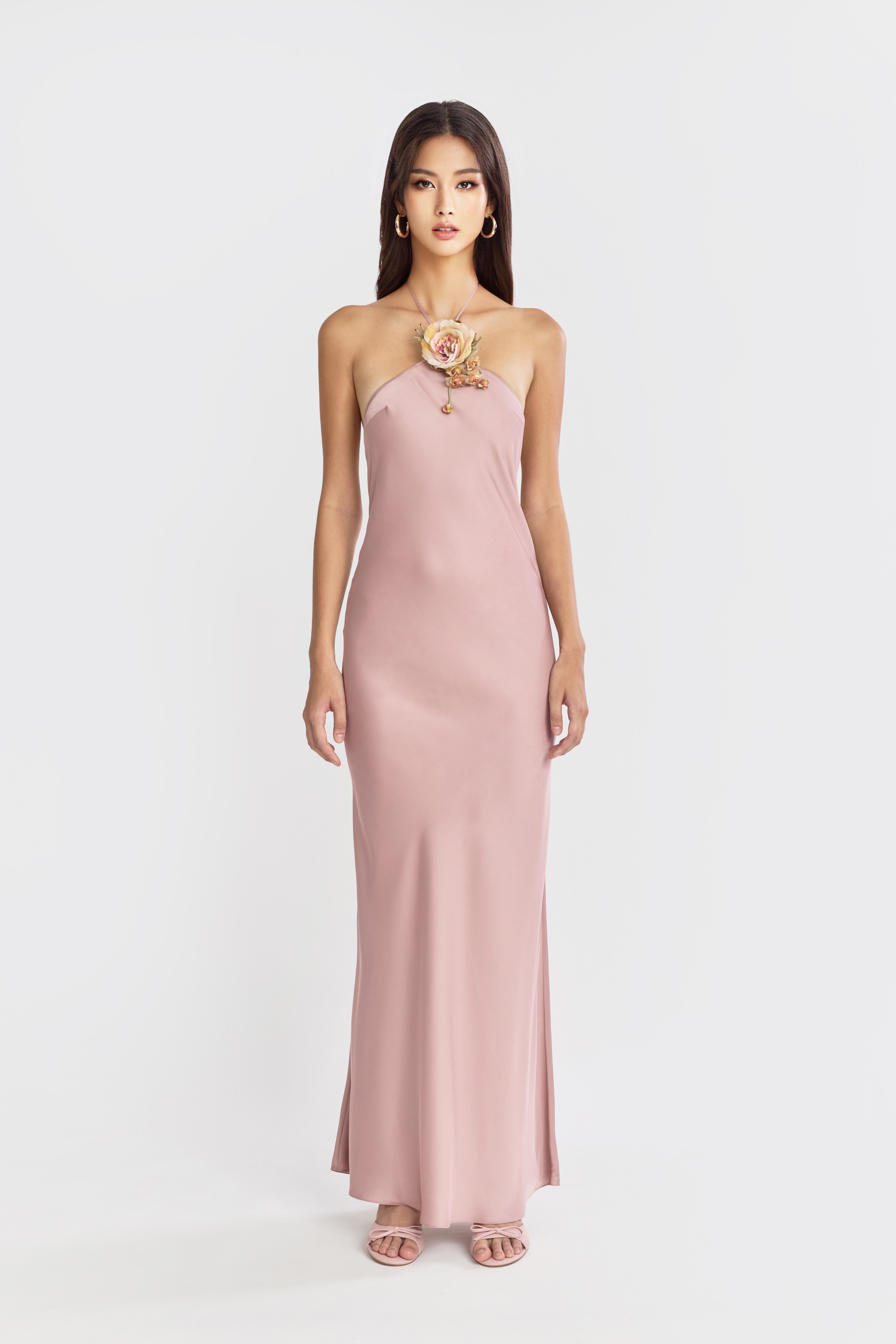 Halter Bias Slip Dress in Rose