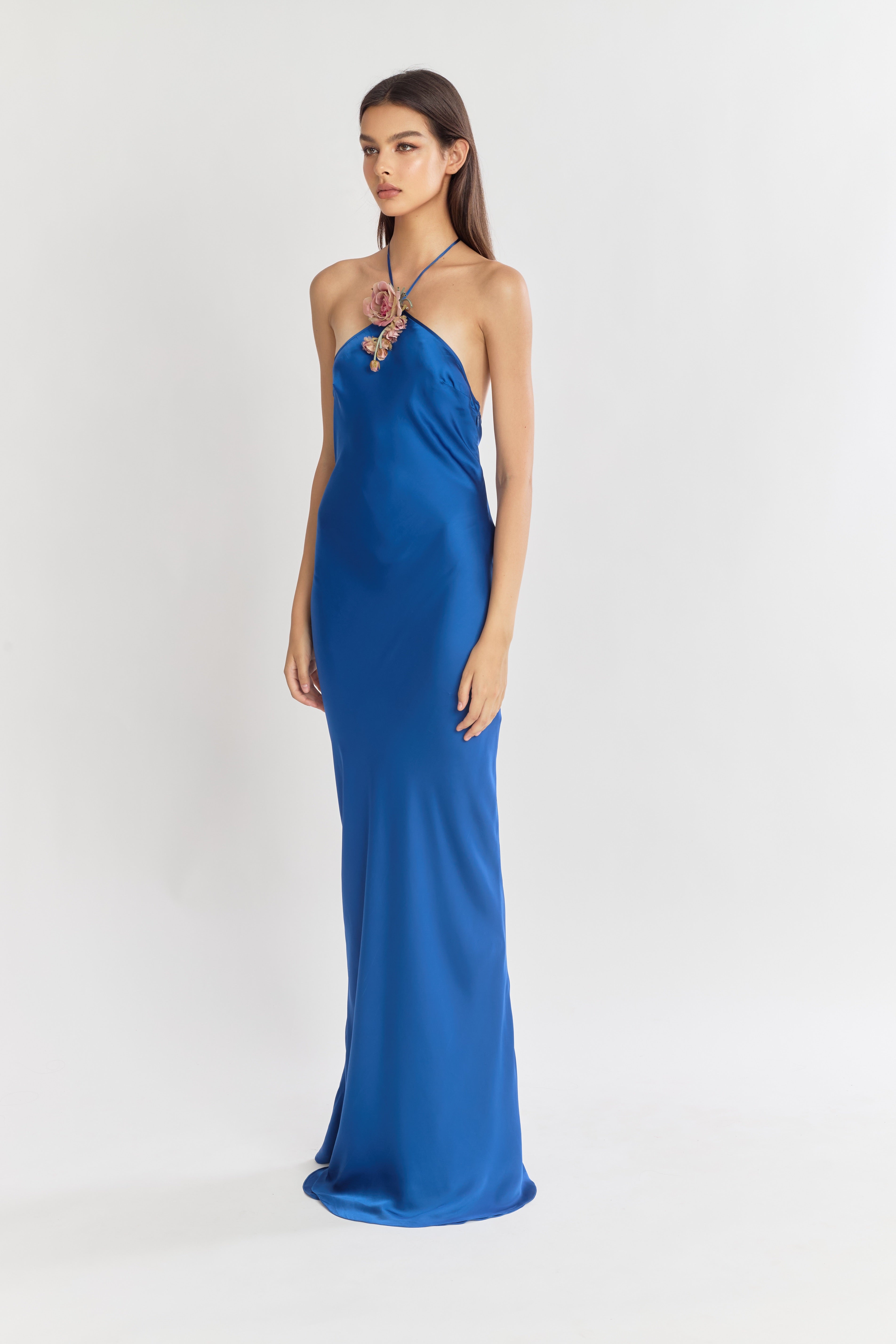 Halter Bias Slip Dress in Cobalt