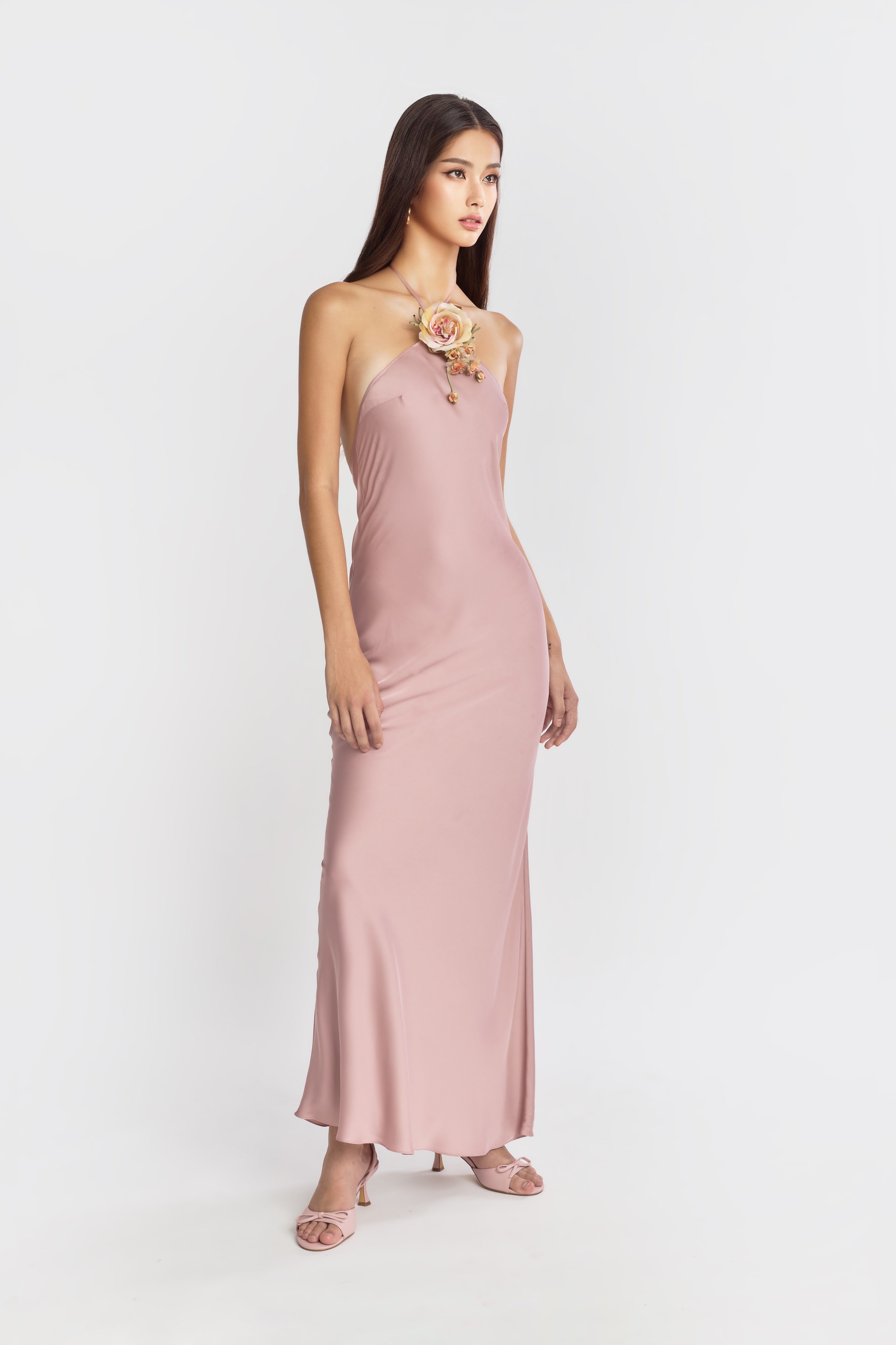 Halter Bias Slip Dress in Rose