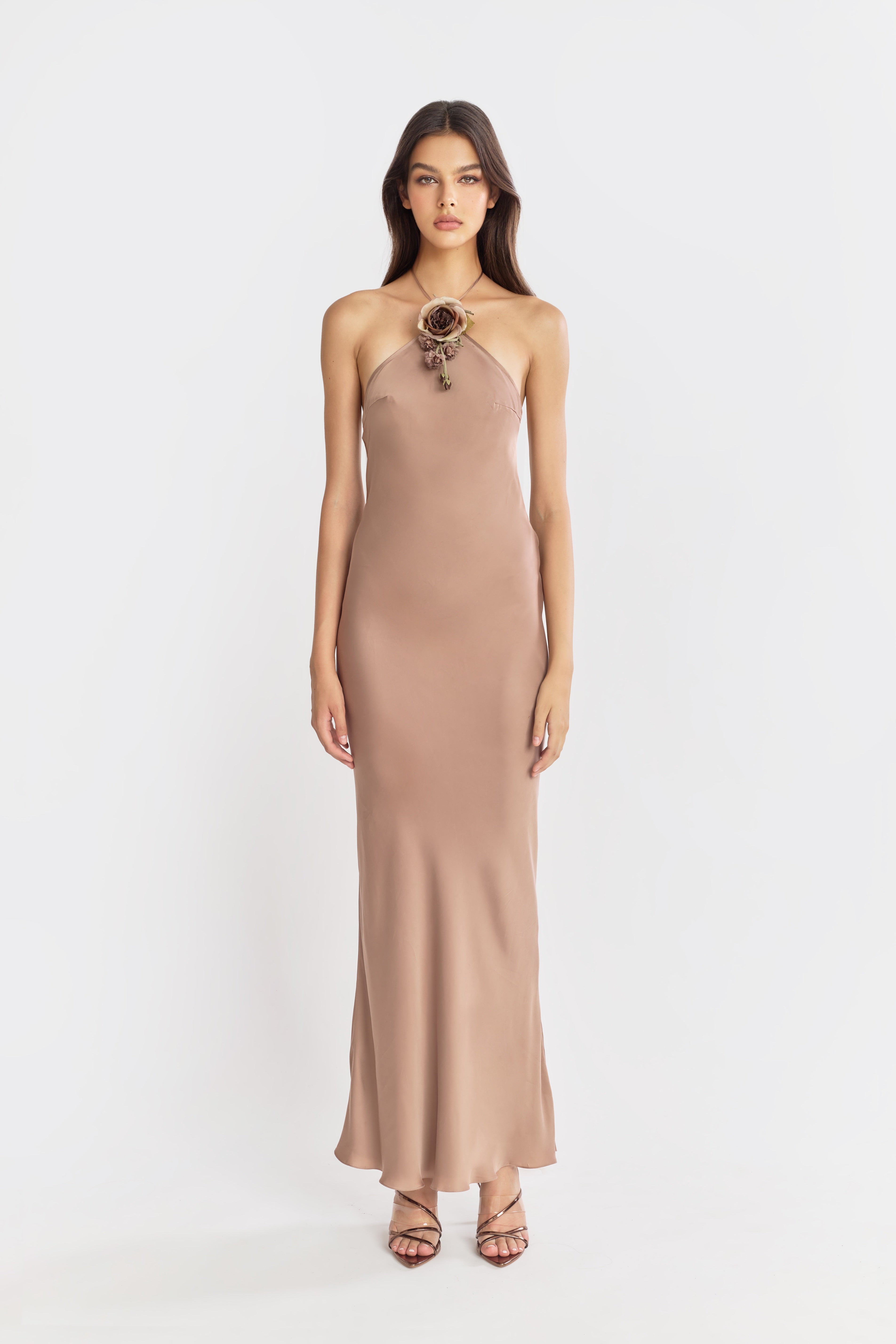 Halter Bias Slip Dress in Mocha