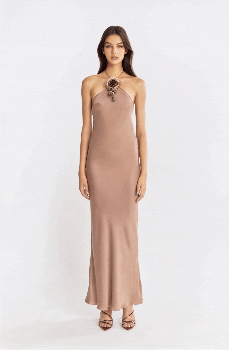 Halter Bias Slip Dress in Mocha