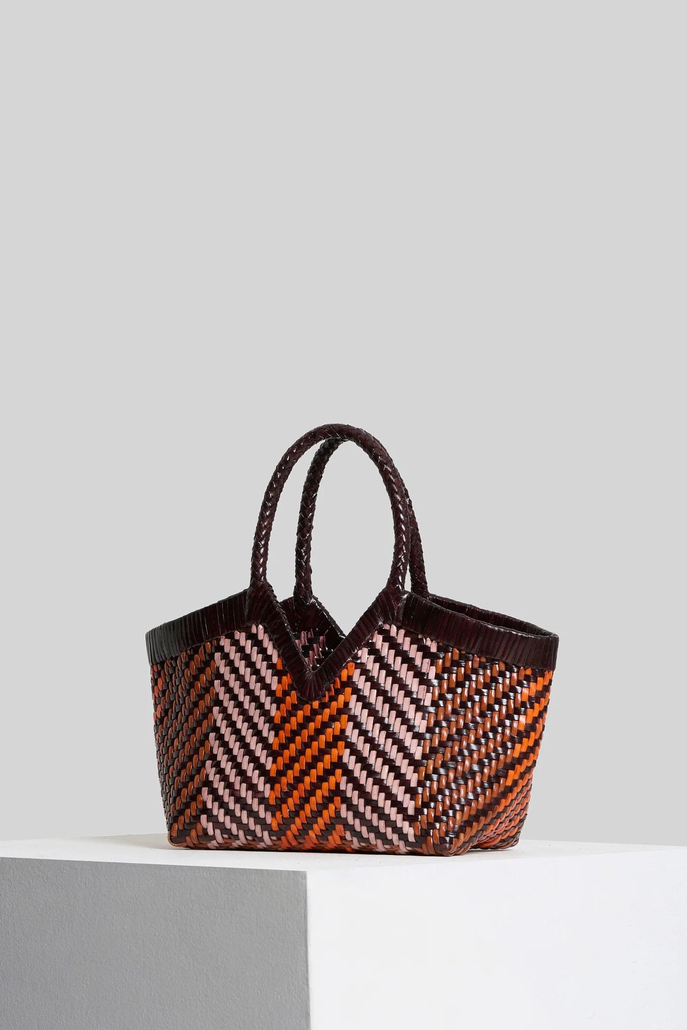 Vipera The Label Monet Waffle Chocolate handwoven leather tote bag angled front view