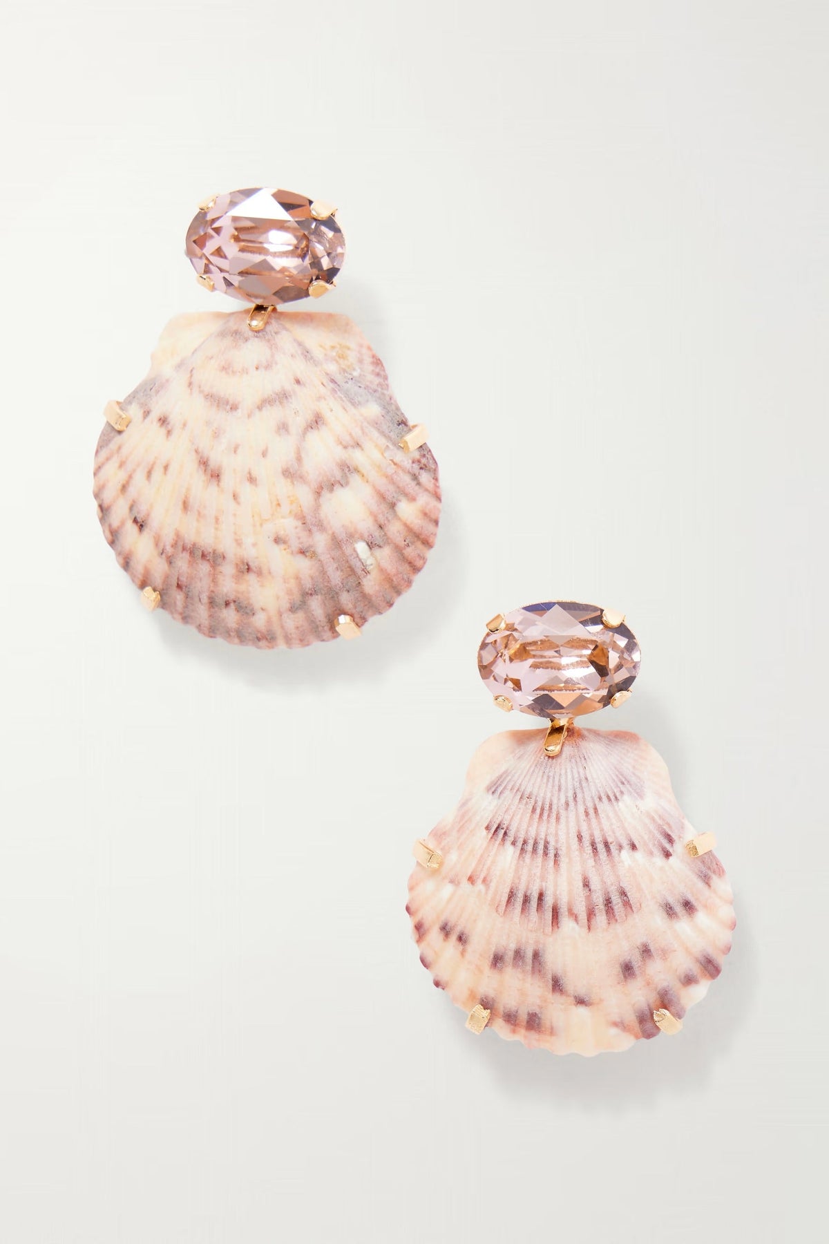 Kauai seashell dangle earrings with blush crystal studs, natural pink scallop shells, and gold-tone settings.