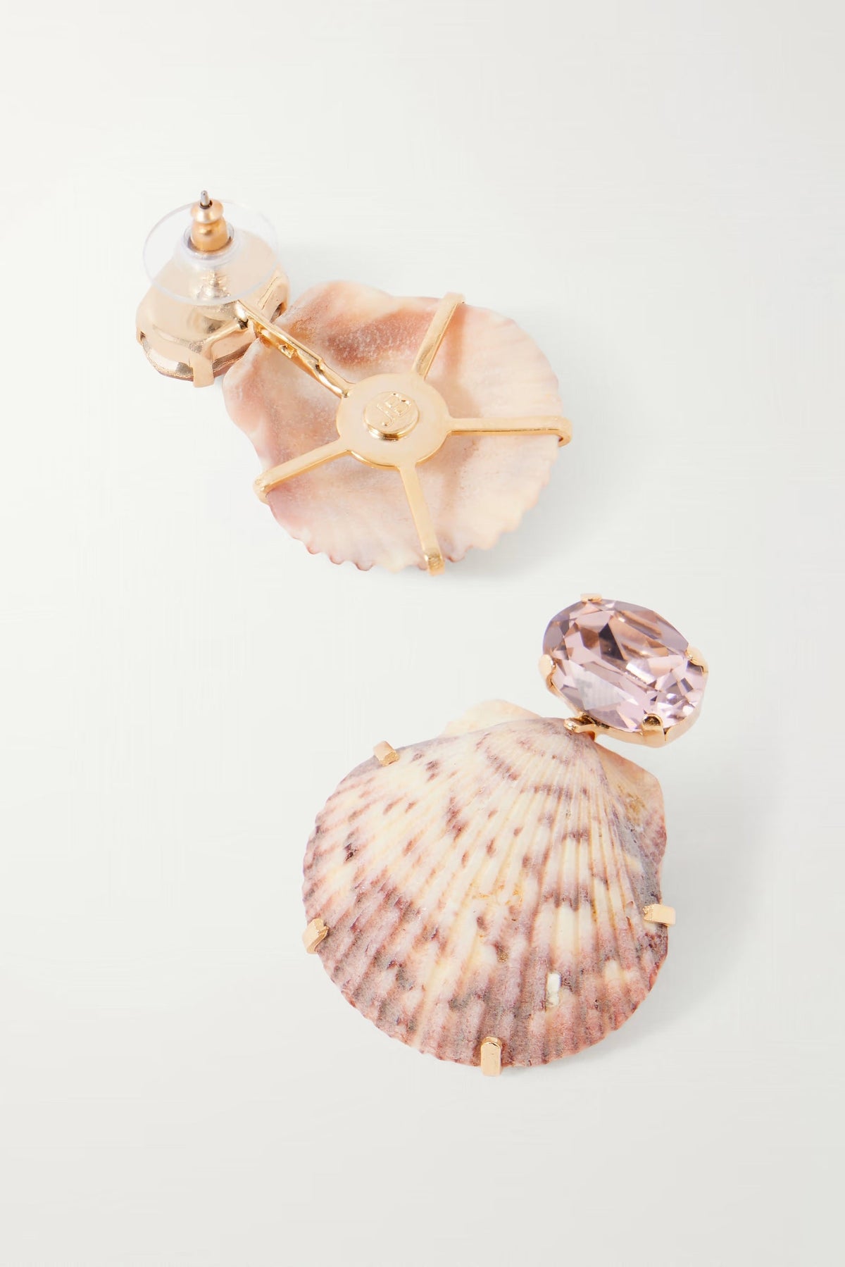 Back view of Jennifer Behr Kauai seashell earrings showing gold-tone framework, surgical-steel posts, and natural shell construction.