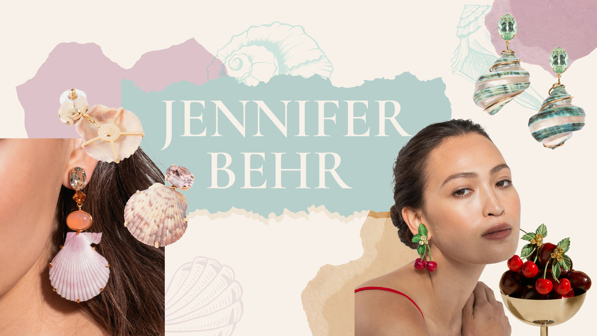 Jennifer Behr collection featuring statement seashell and cherry earrings in an elegant coastal-inspired collage.