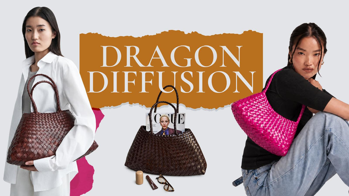 Handwoven leather Dragon Diffusion bags displayed together in different shapes and colours.