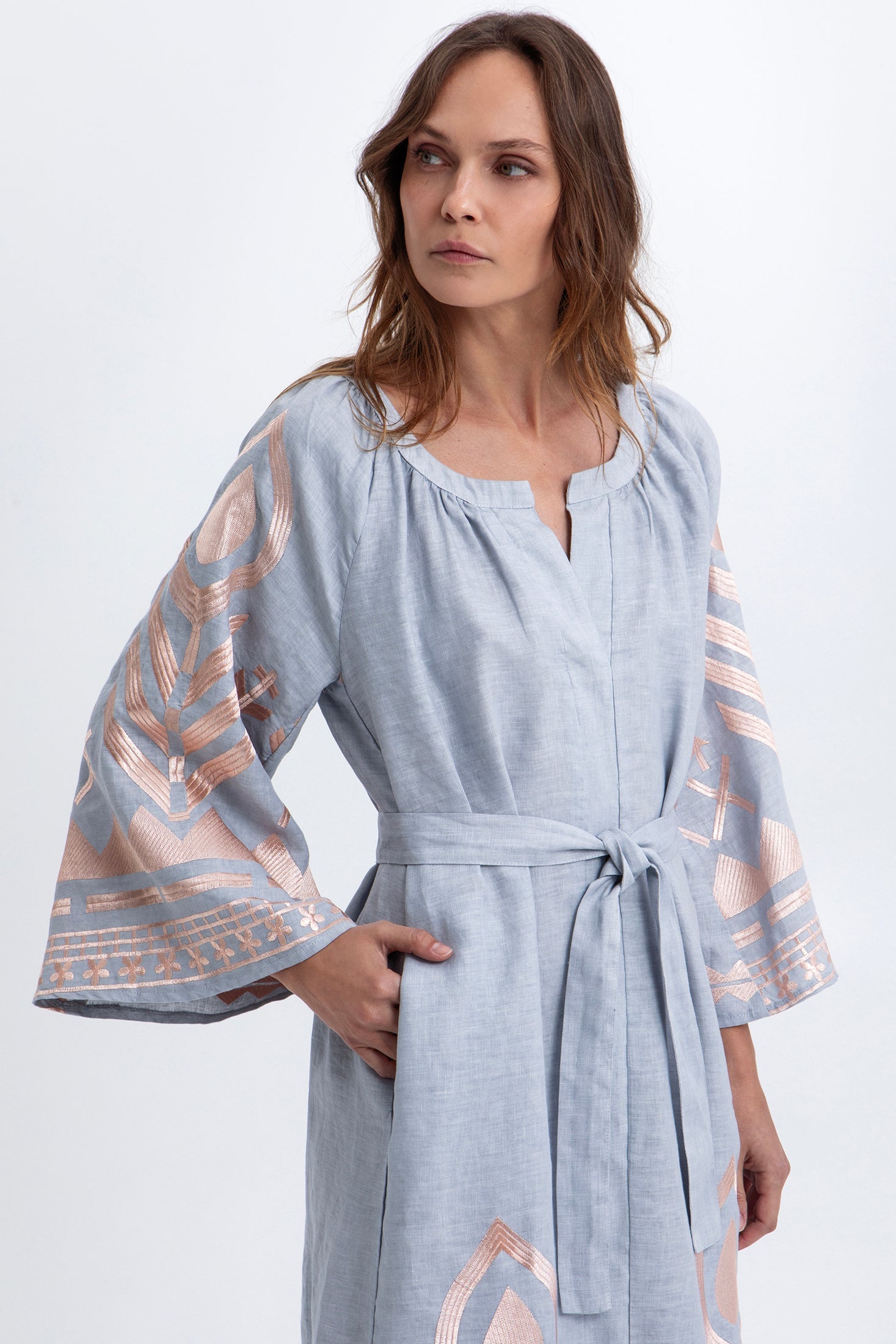 Close-up  View of Greek Archaic Kori Belted Embroidered Midi