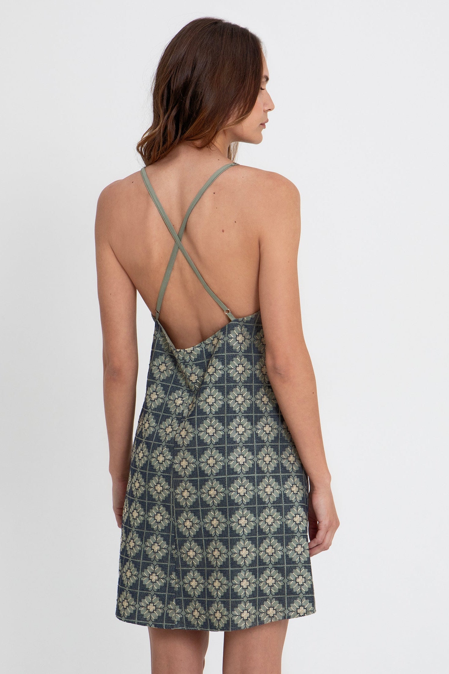 Back view of Greek Archaic Kori Daisy Cross-Straps Mini