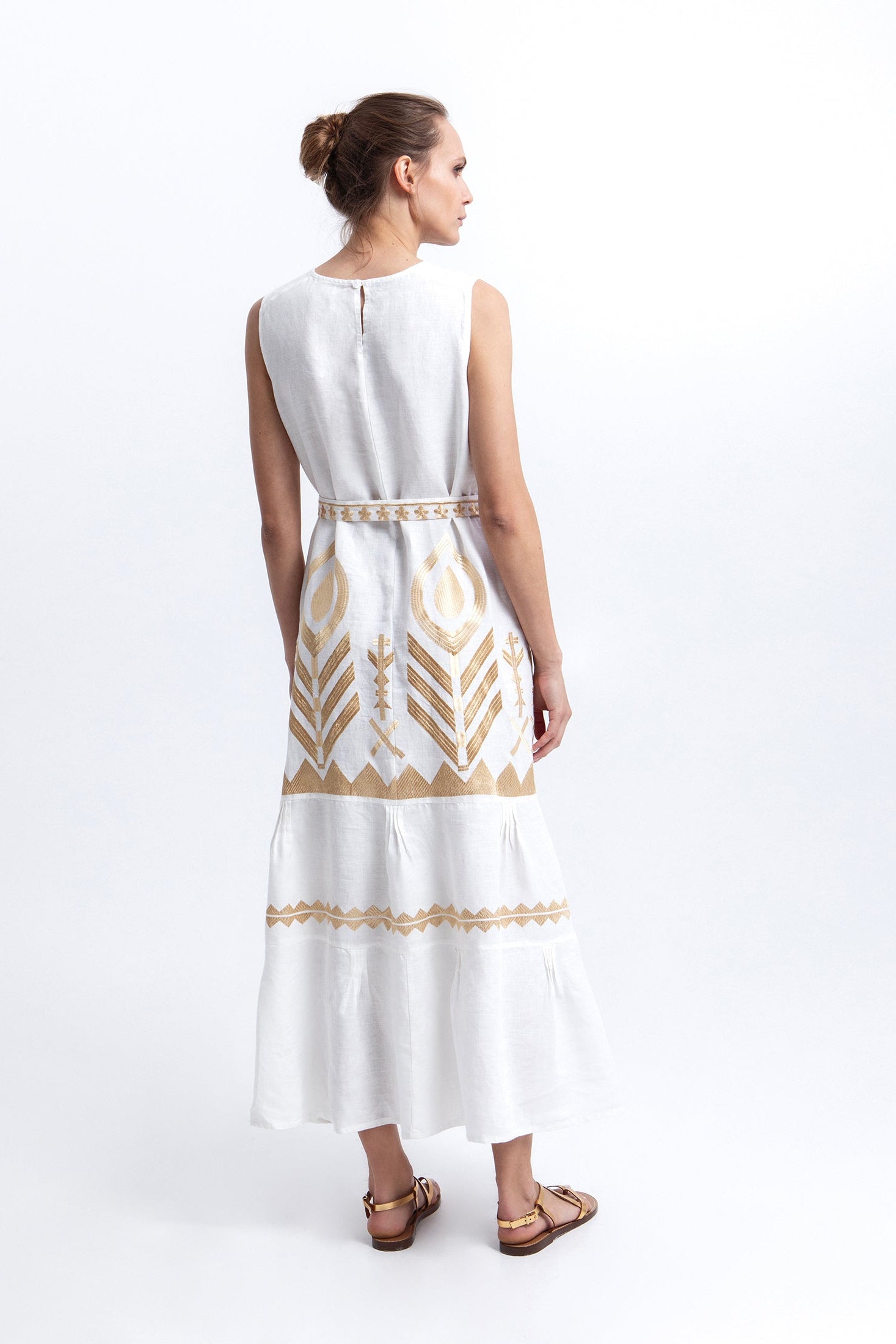 greek style maxi dress Greek Archaic Kori Feather Sleeveless Maxi Dress